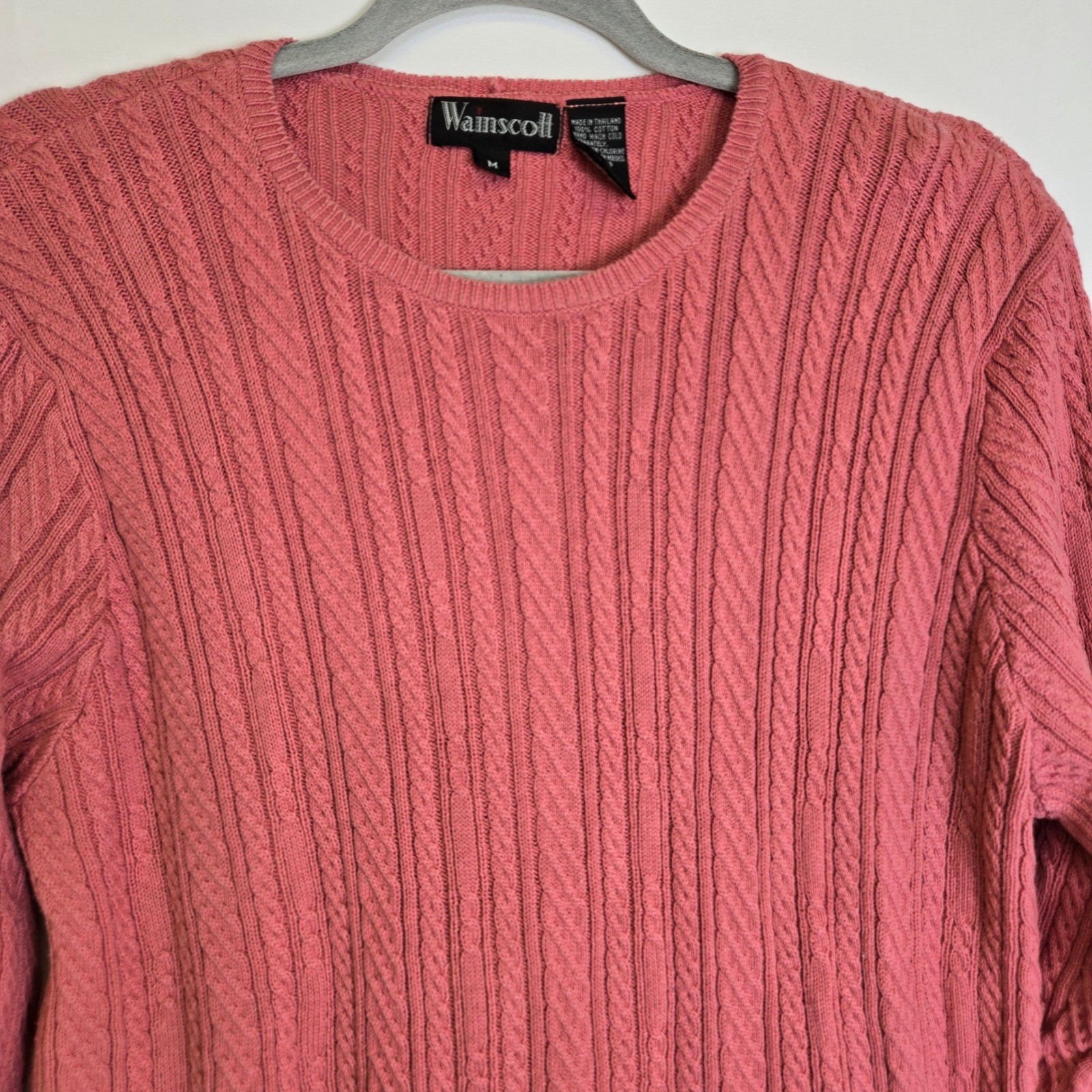 Wainscott 100% Cotton Classic Preppy Cable Knit Sweater, Pink, Medium, Vintage