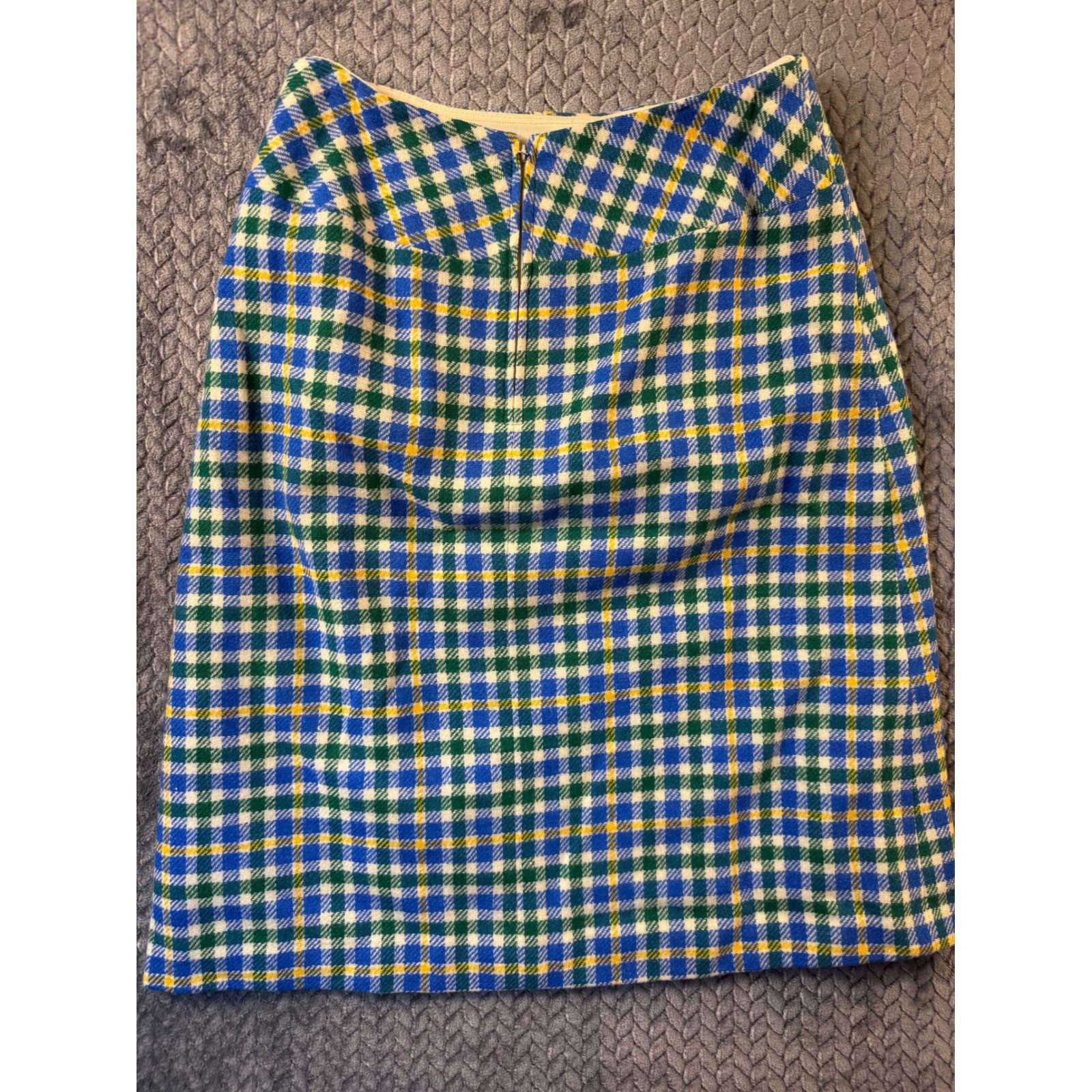 Vintage Plaid A-Line Skirt Blue Green Yellow Wool Check Mod Schoolgirl Preppy