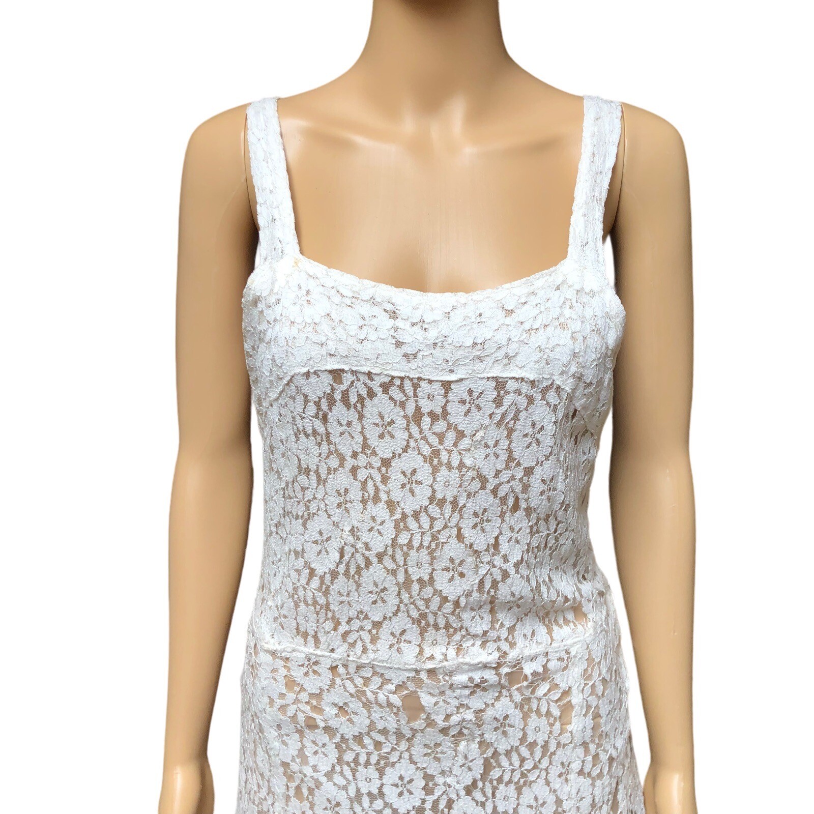 Vintage 30s White Lace Nightgown Gown Dress Sheer Sleeveless Lingerie Repair