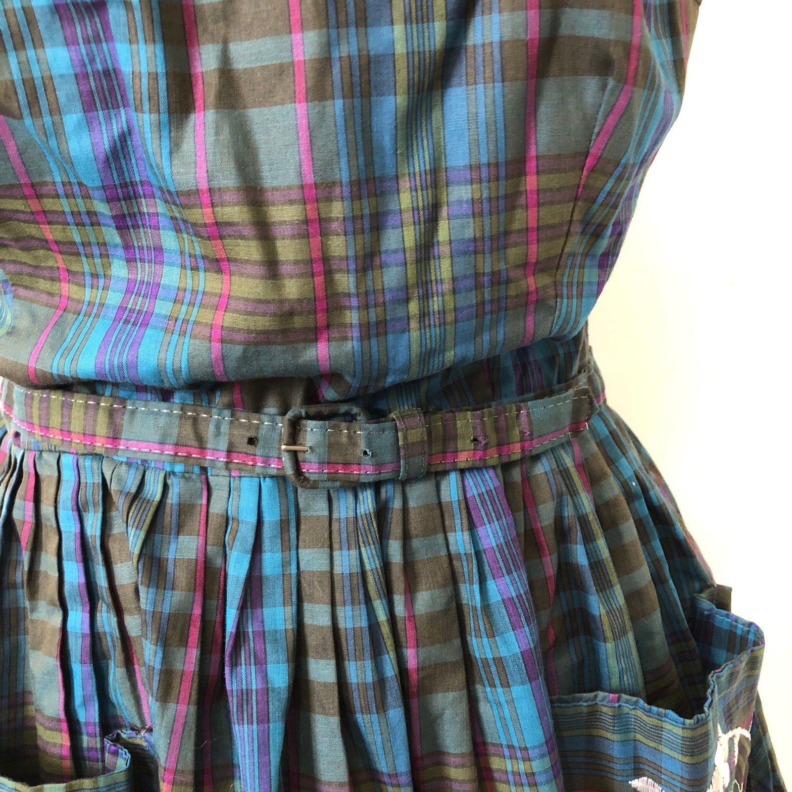 VTG 70s Montgomery Ward Plaid Dress Embroidered Pockets Belted XS Praire