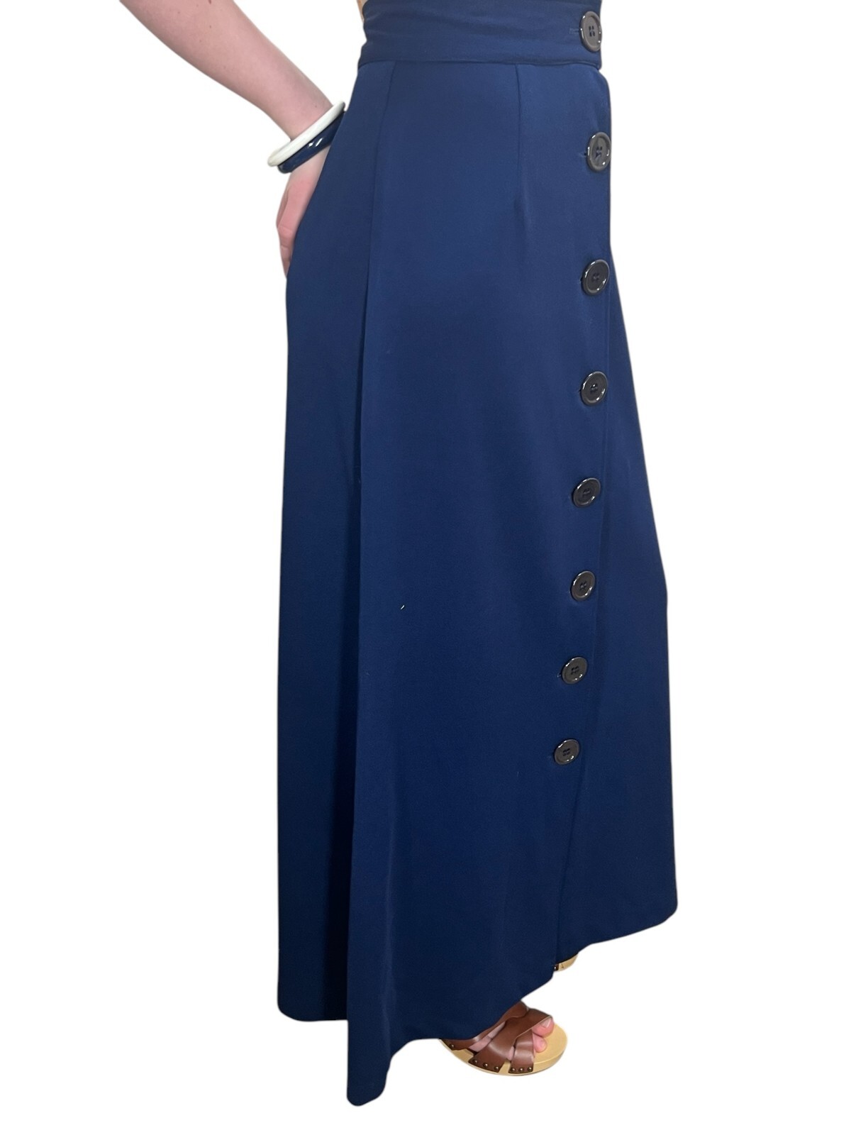 Sz S Vtg 60s 70s MAXI Skirt Button Front Navy Blue Textured Knit