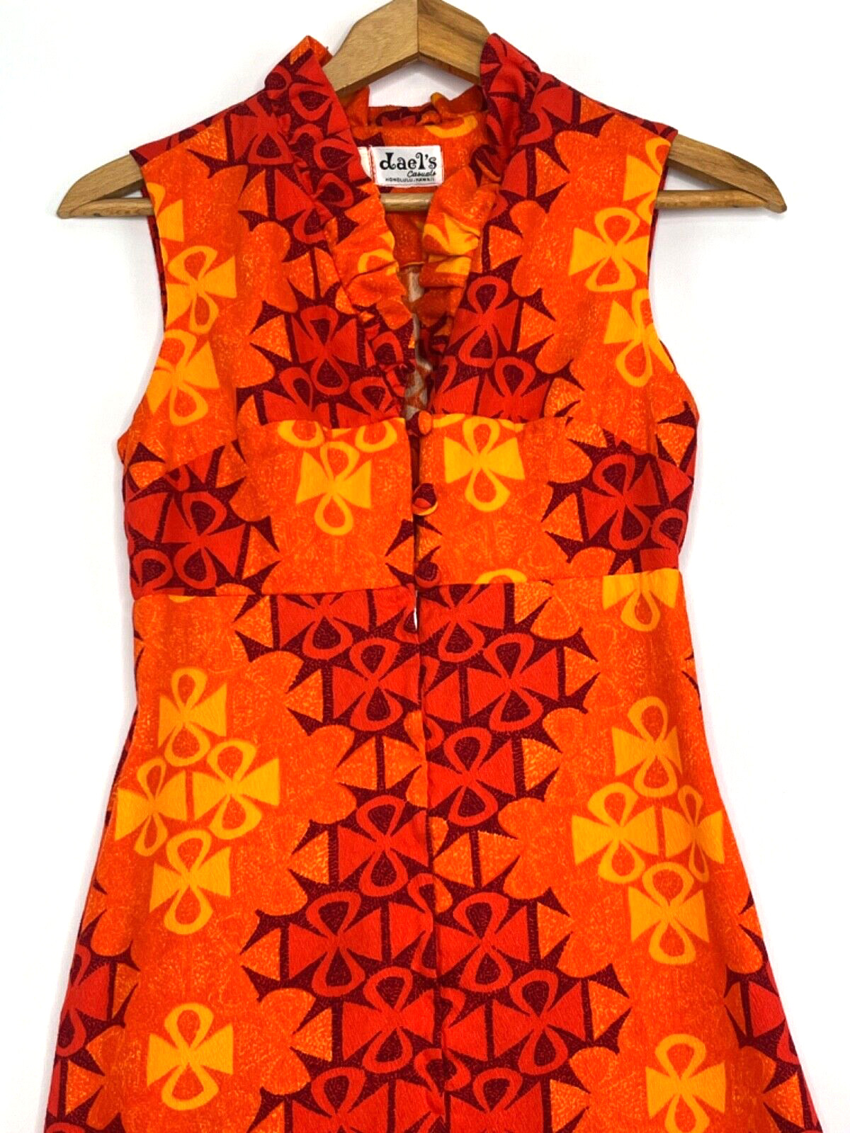 Vtg Retro Mod Hawaiian Tiki Dress Bright Orange Yellow Red Dael’s Honolulu Sz. S