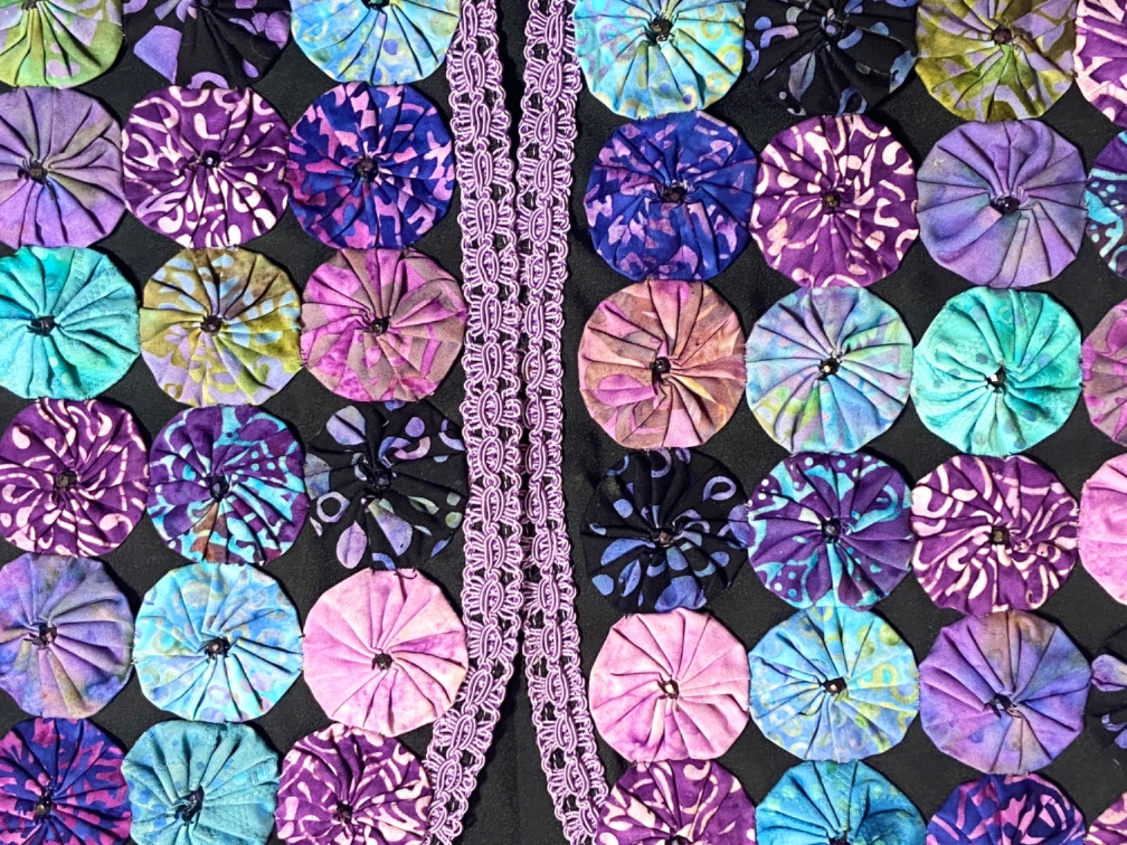Vintage Quilted Yoyo Vest Purple & Black Lined Handmade Bust 35″ Cottage Core