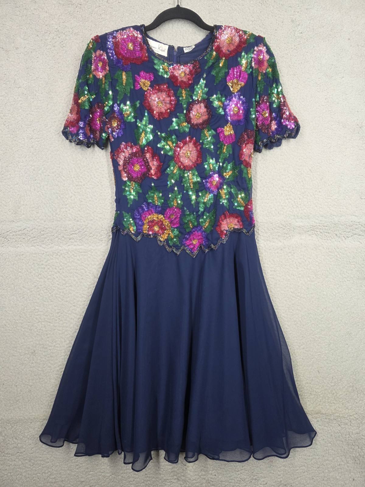 Lawrence Kazar Vintage Sequin Dress Petite Small PS Navy Blue 80s Cocktail Party