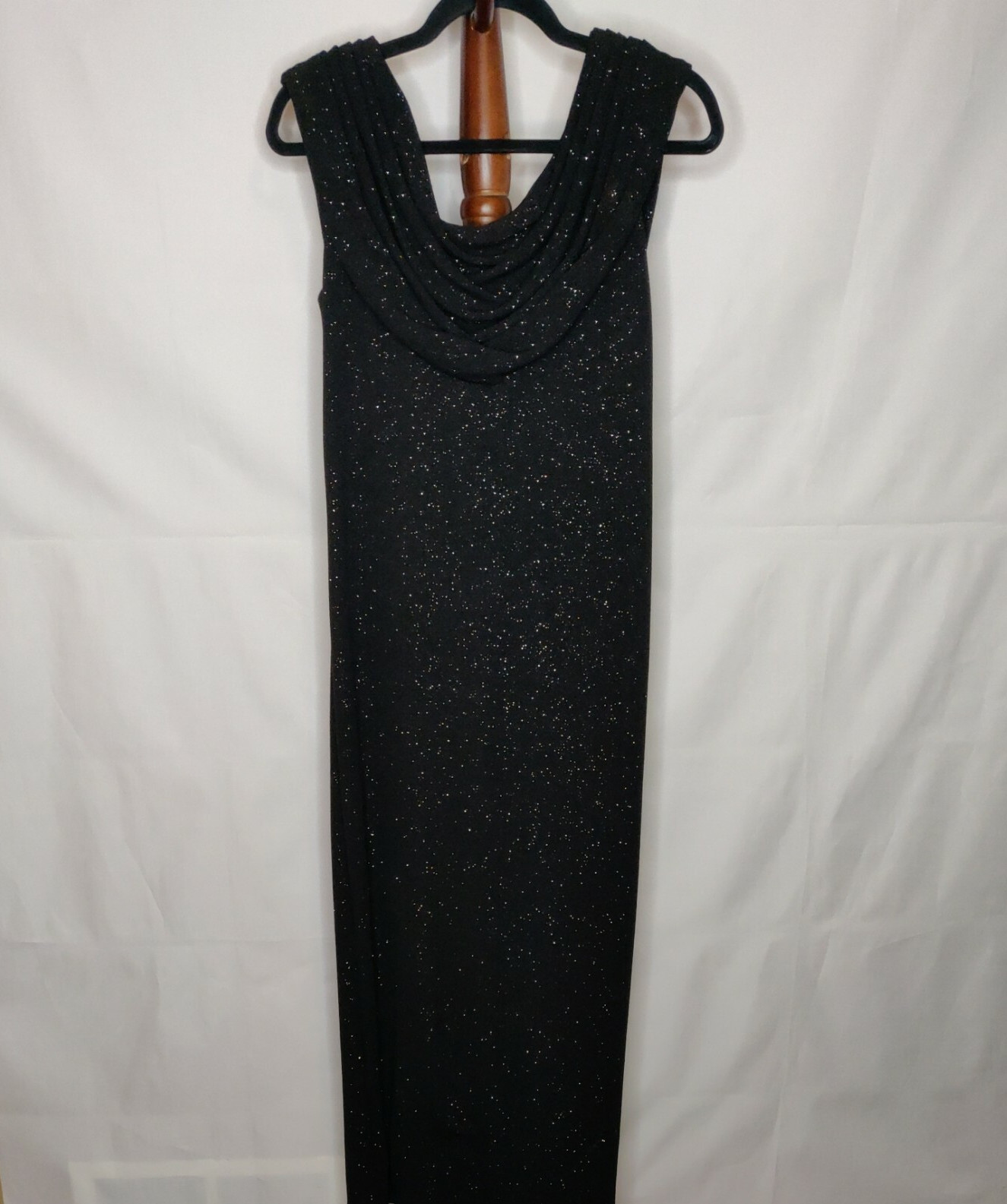 Another Thyme Vintage women’s 10 maxi dress black metallic cowl neck back slit
