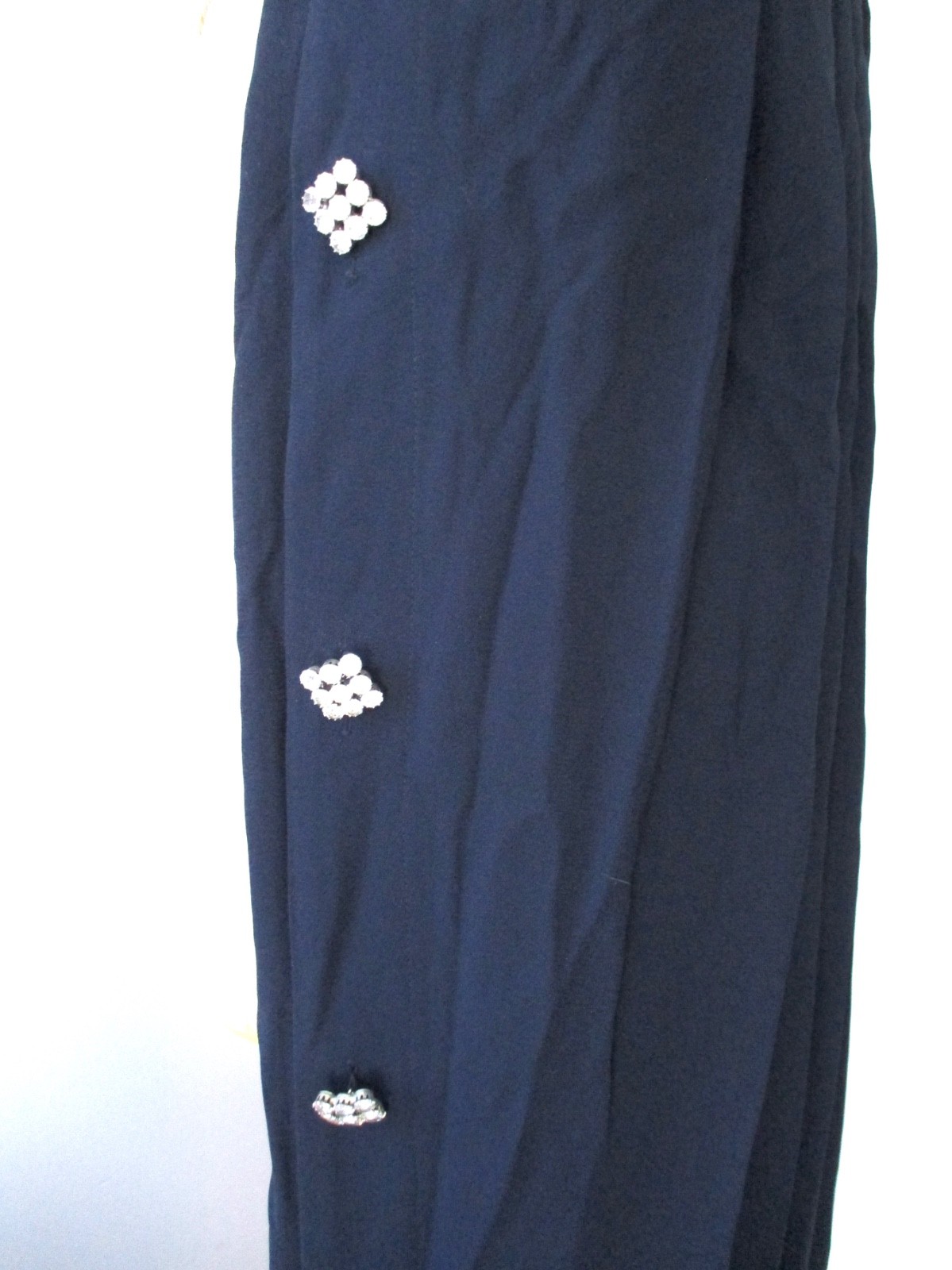 Vtg 80s navy blue crepe harem halter backless jumpsuit rhinestone buttons 12