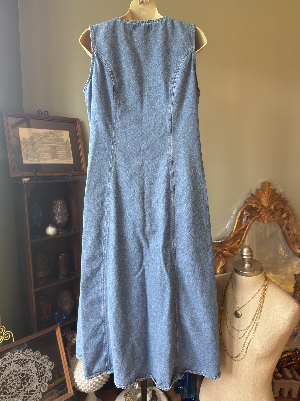 FADS VINTAGE 1980s DENIM DRESS 100% COTTON SIZE 14 SLEEVELESS BUTTON DOWN