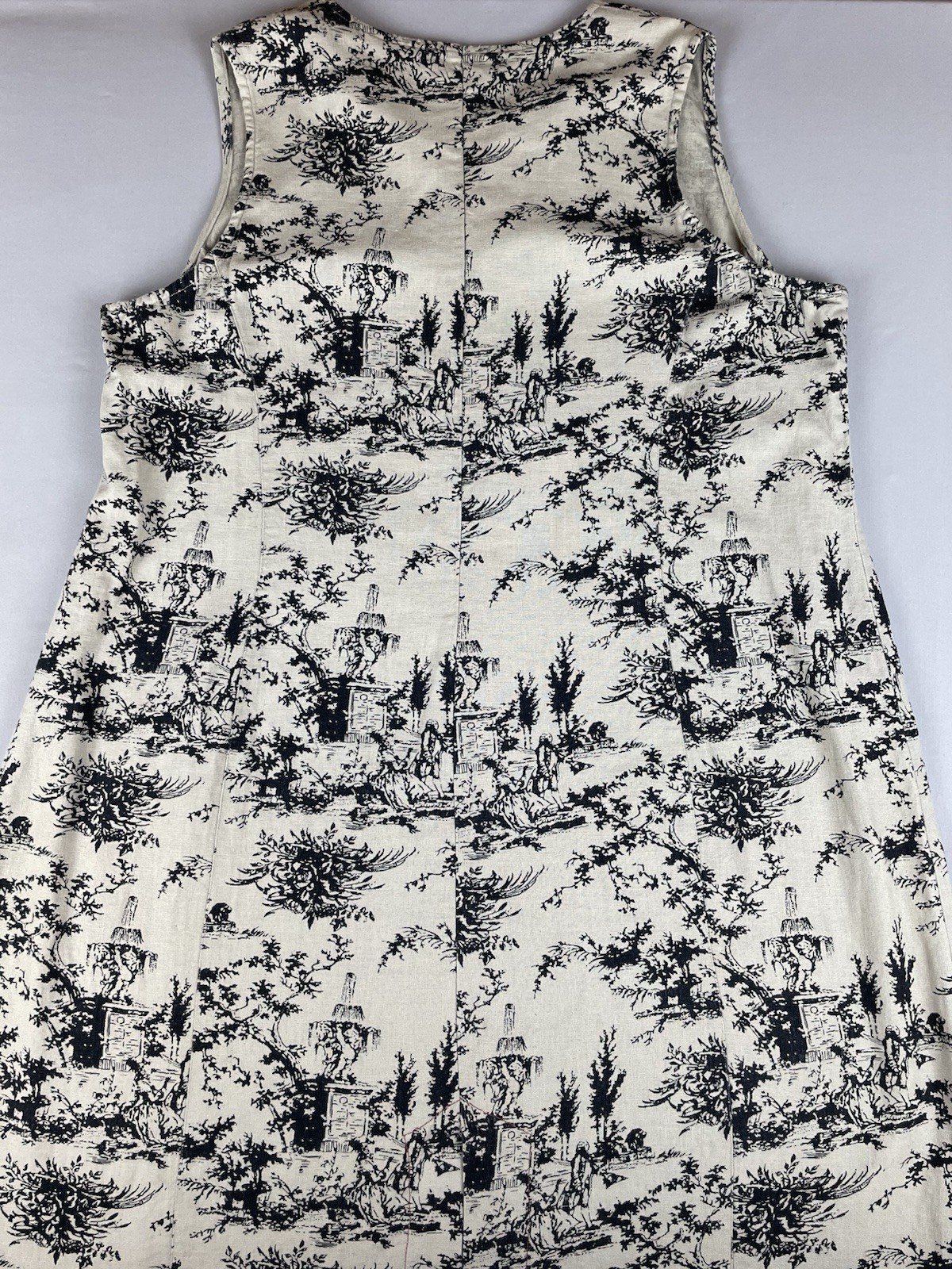Vintage David Meister Linen Blend Sheath Midi Dress XL Black Cream Toile Print