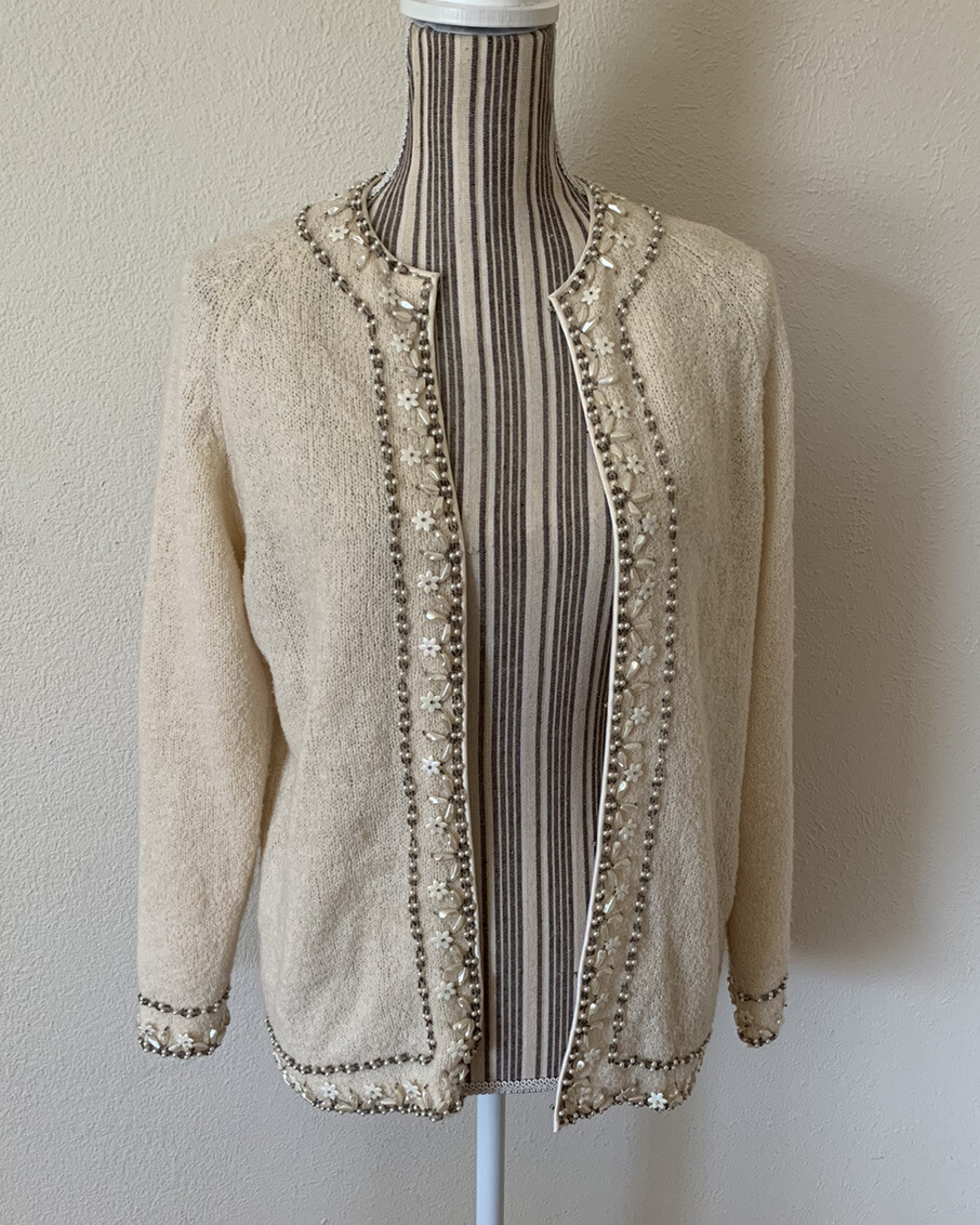 Vintage 60s Cyn Les Mid Mod Wool Beaded Preppy Retro Women’s Sweater M/L
