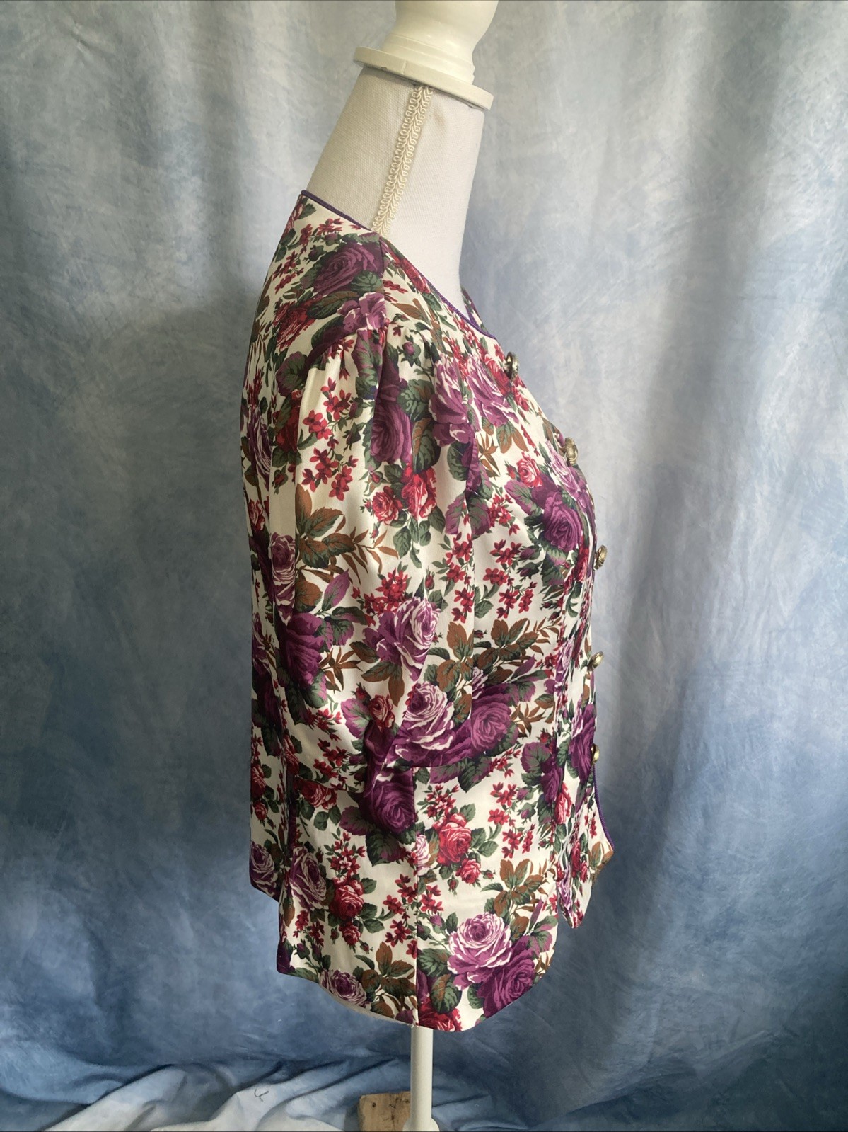 Vtg 80s 90s Whirlaway Frocks Floral Peplum Top Blouse Puff Sleeve Shoulder Pads