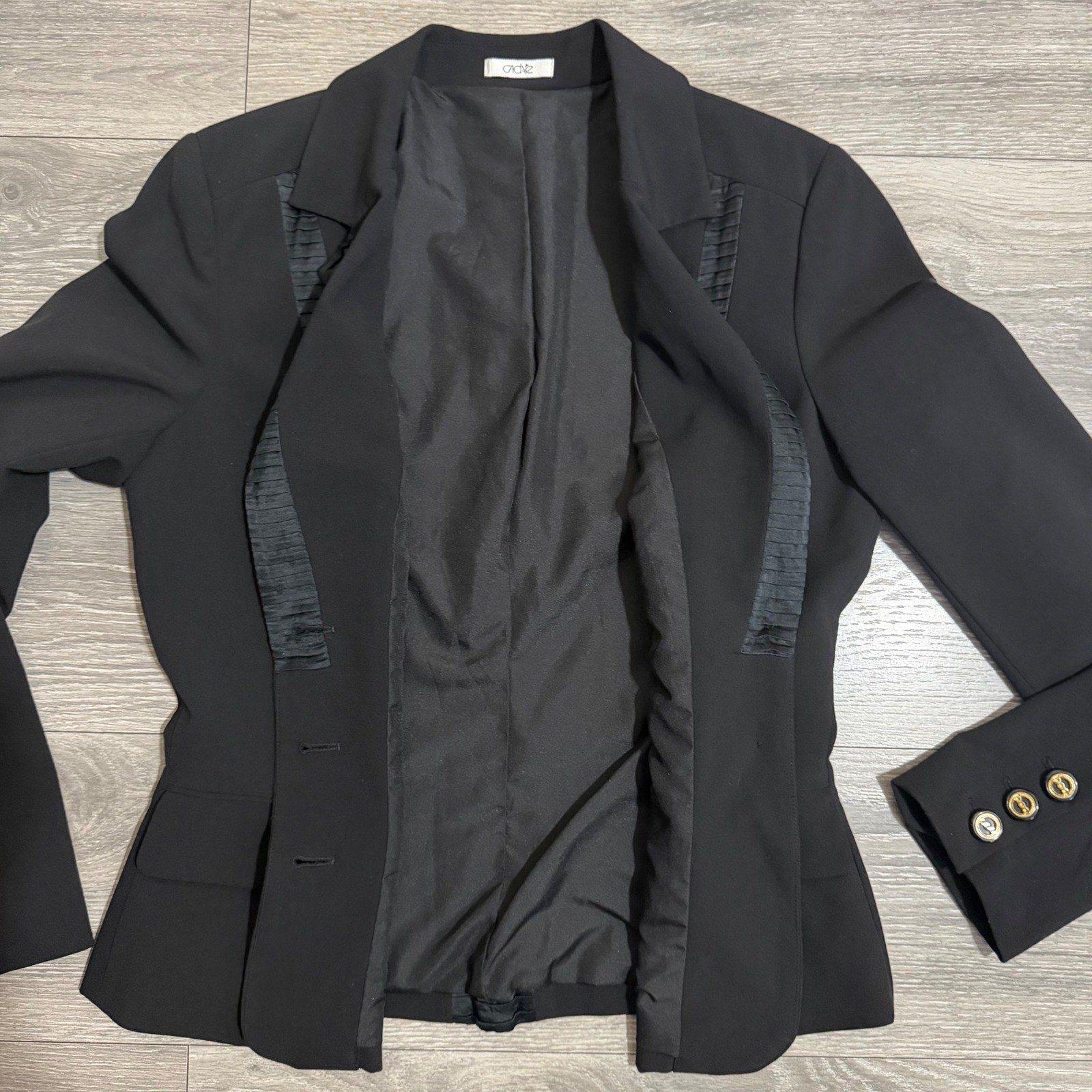 Vintage Cache Womens Black Blazer Size 10 Silk Pleated Trim Gold Button Tailored