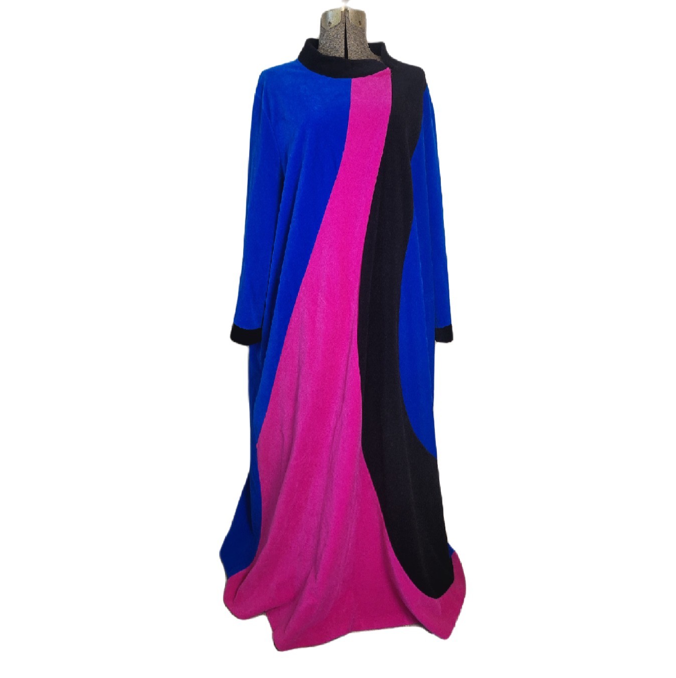 Vintage Maxi House Coat 70’s Color Block Velour 3/4 sleeves Zip Volup 26 XXL
