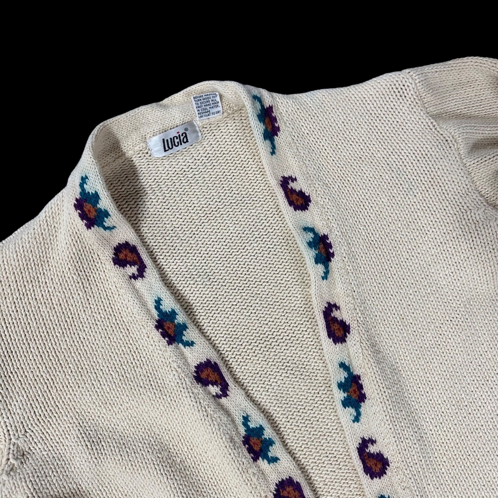 Vintage Cardigan Sweater 90s Open Front Lucia Small Teal Purple Cream Floral