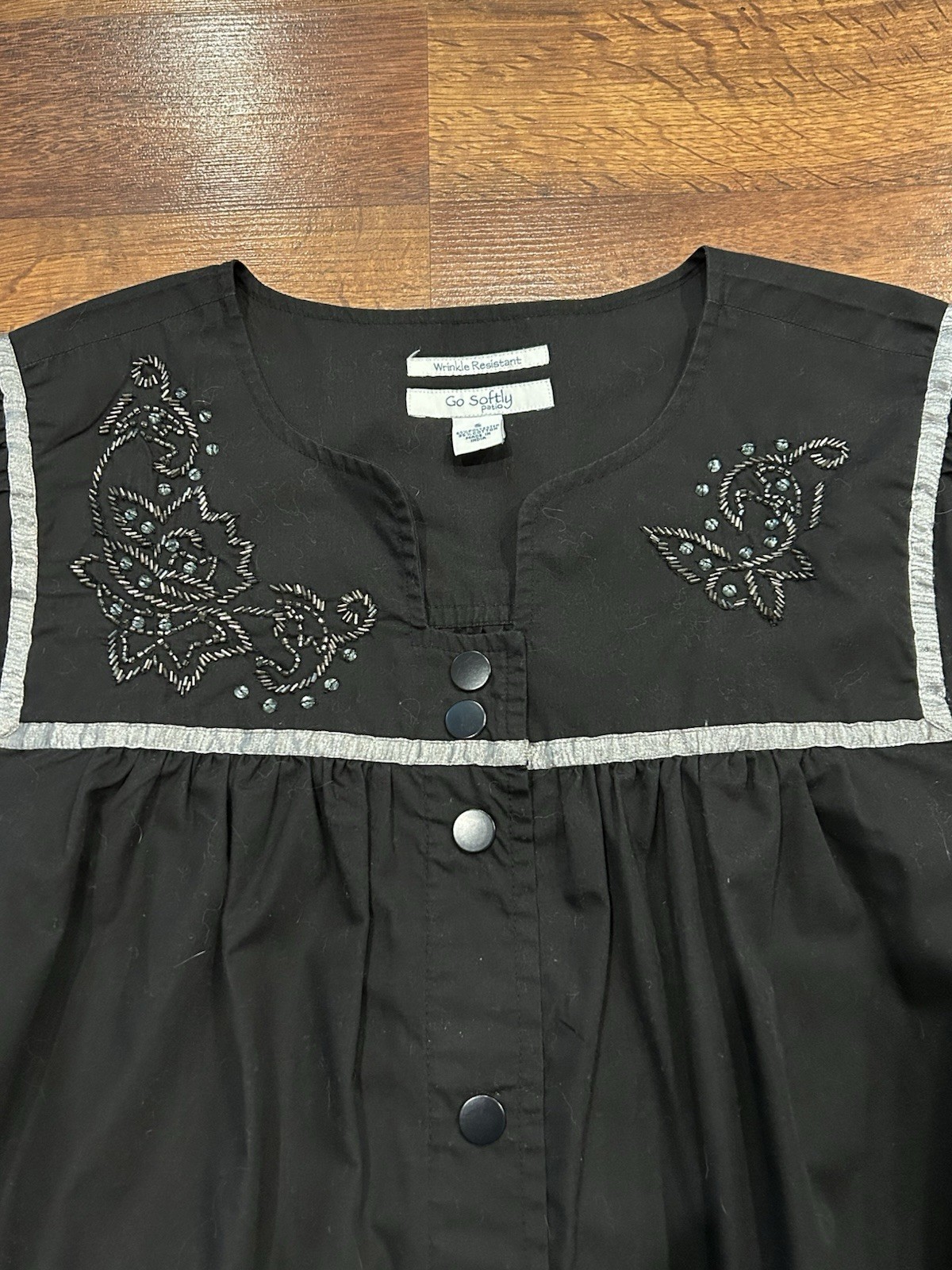 Vintage Go Softly Patio House Dress Black Embroidered Beaded Full Snap Small