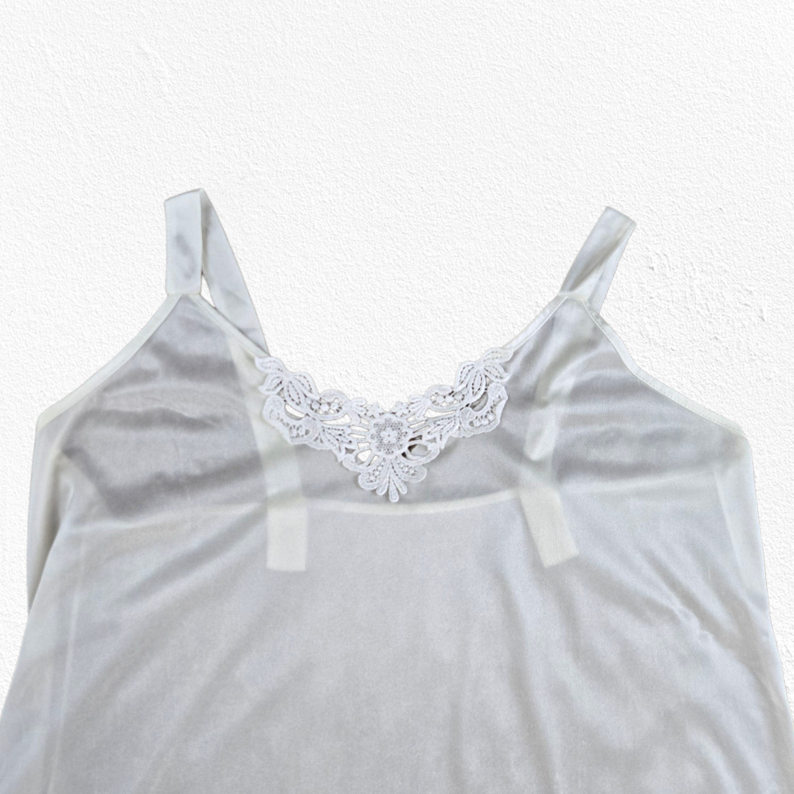 Vintage White Lace Trim Nylon Slip Dress Size Large 1970s 1980s Lingerie