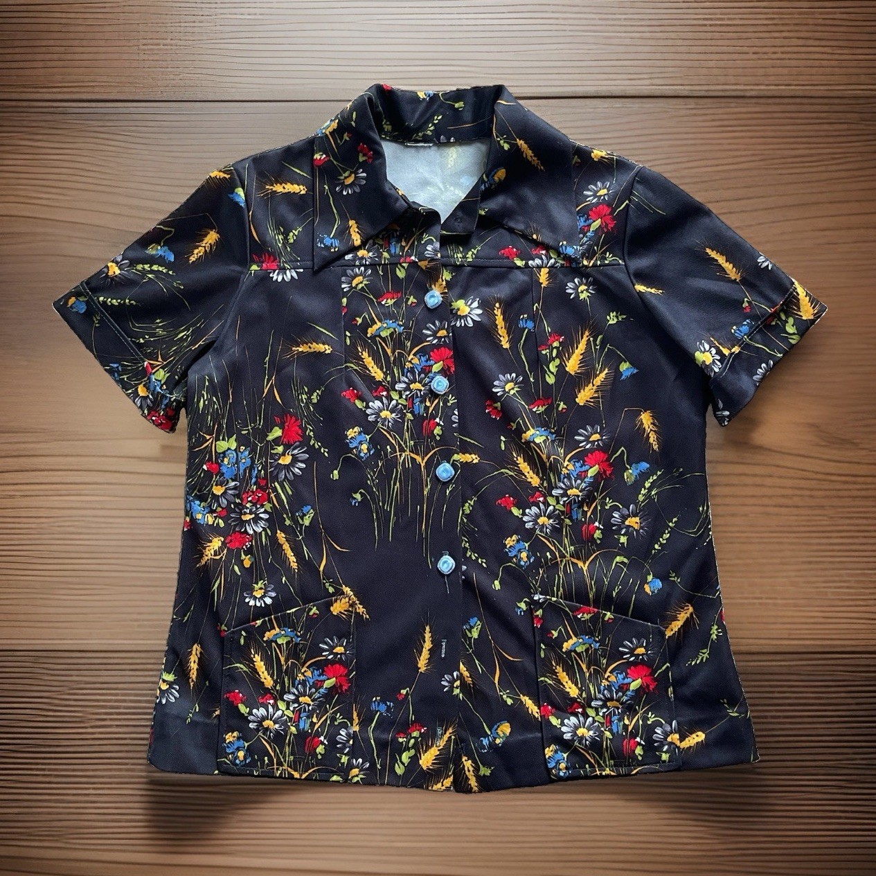TRUE VTG 70-80s Women’s M Floral Romantic Poly Button Up Shirt Point Collar READ