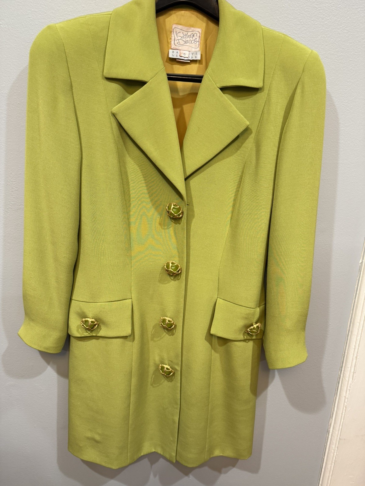 Vintage Kathryn Dianos Lined Single Breasted Jacket Size 6 Lime With Gold Button