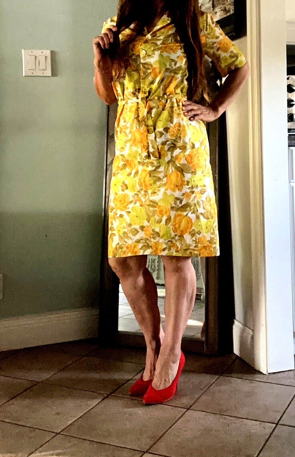 Vintage Ca 1960s sleeveless yellow lemon colors belt multicolor nylon dress