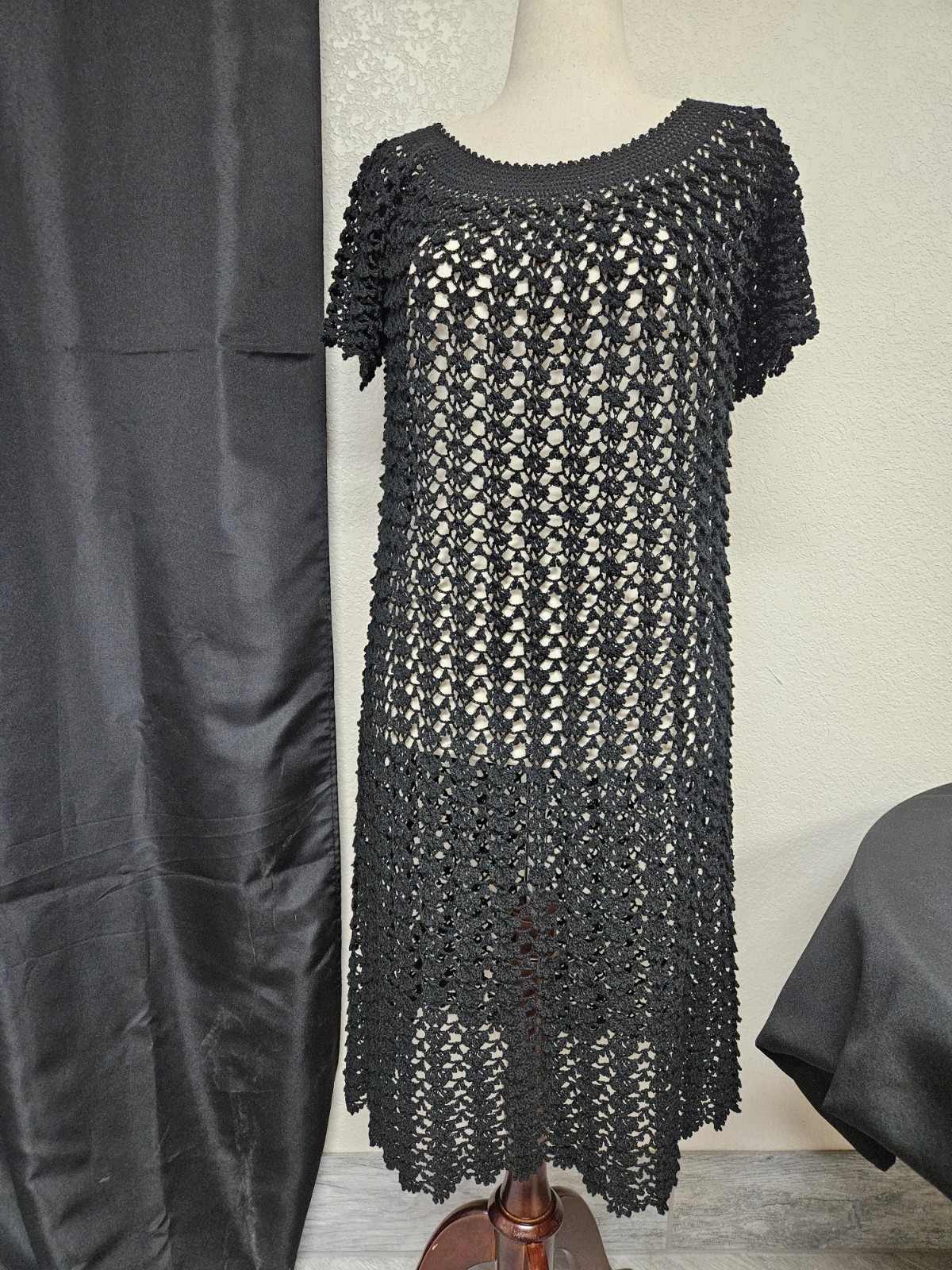 1970s Crochet Open Knit Black Sweater Dress Boho Vamp Goth Holiday Party 70s VTG