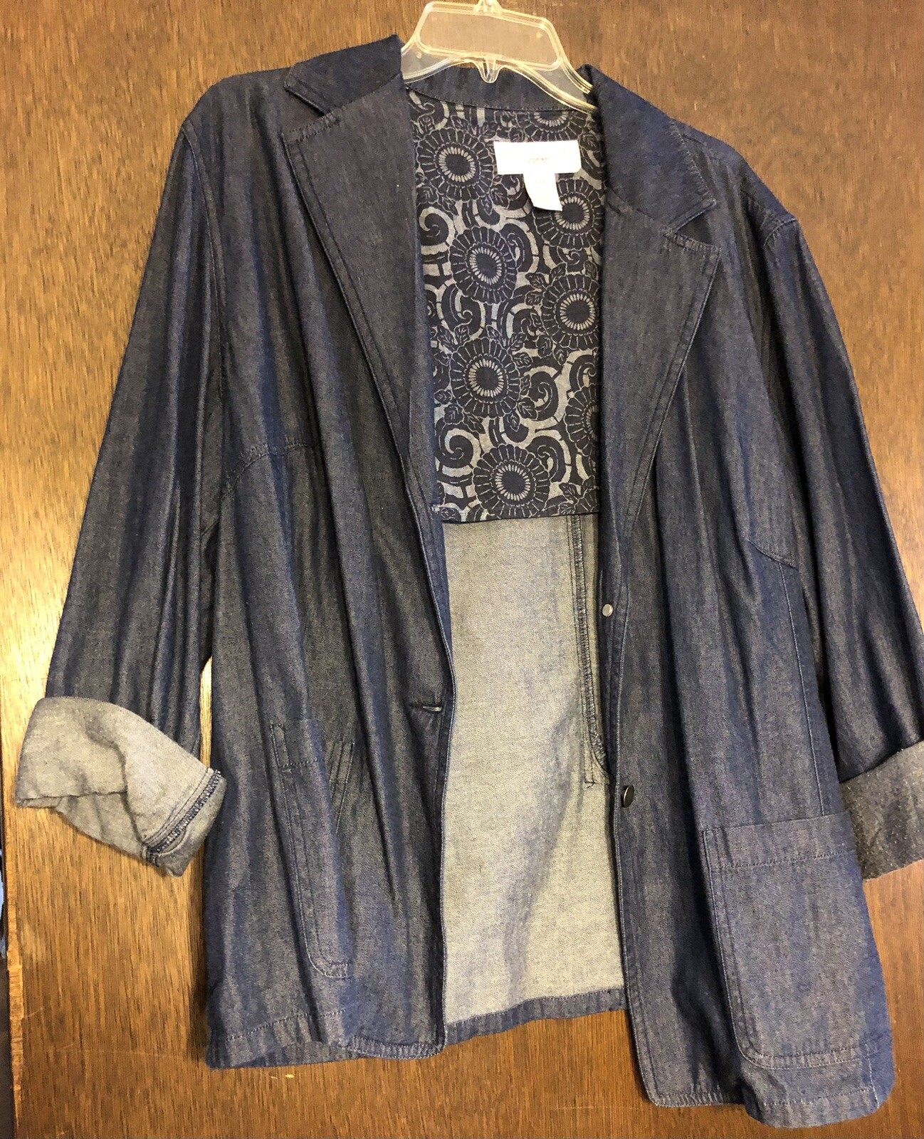 Women’s Plus Size 16W denim blue Norton Woman 25″ chest pockets 28” Long Blazer