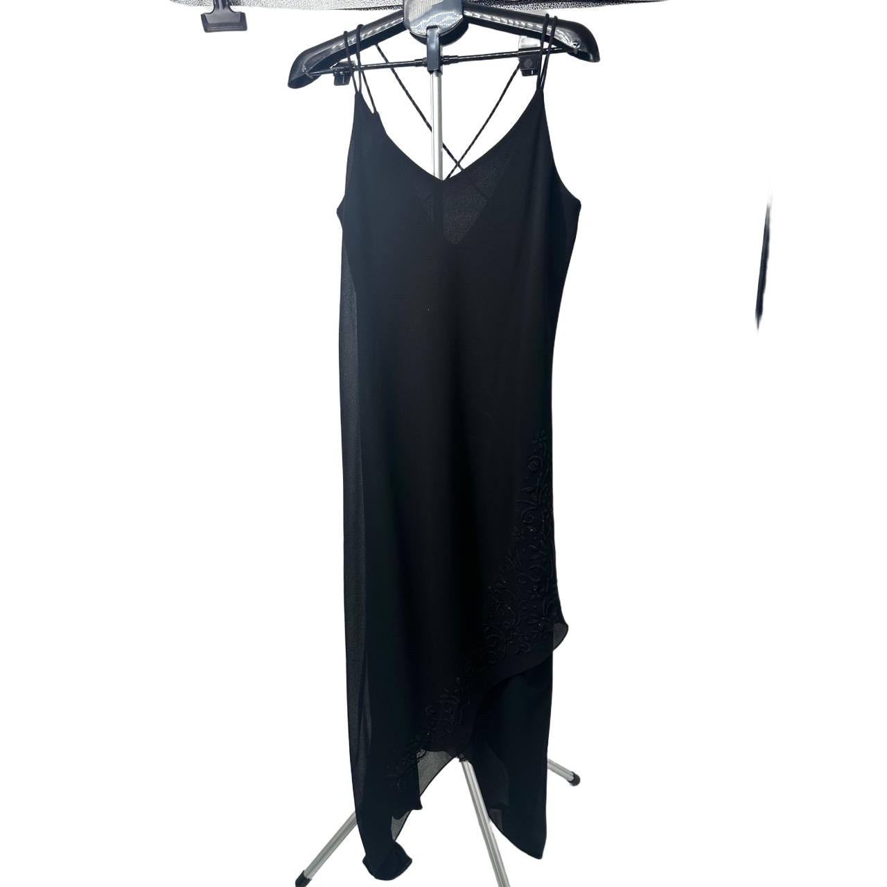 Onyx Nite Black Beaded V Neck Spaghetti Strap Vintage 90s Dress Size 14