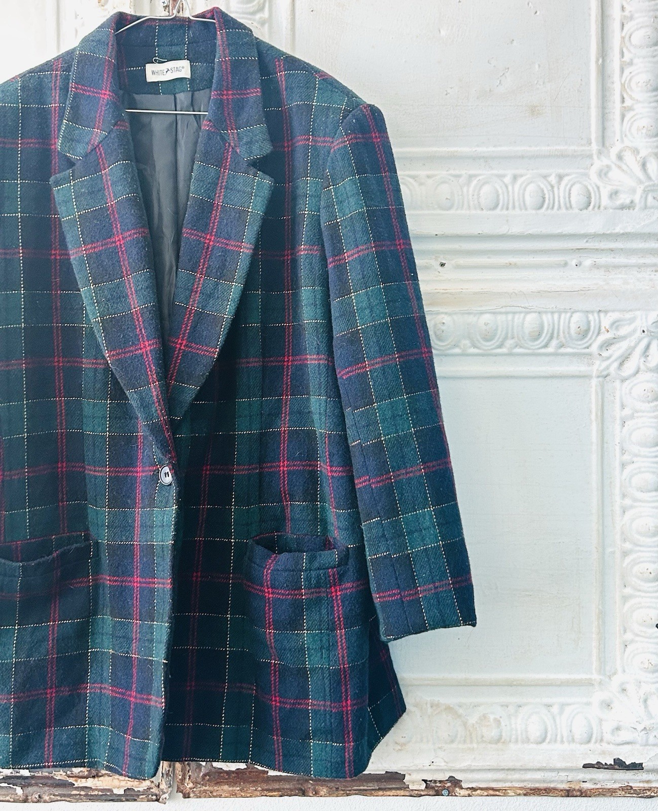 Vintage BEAUTIFUL White Stag Blue Green Gold Plaid Blazer Jacket Wool Lg