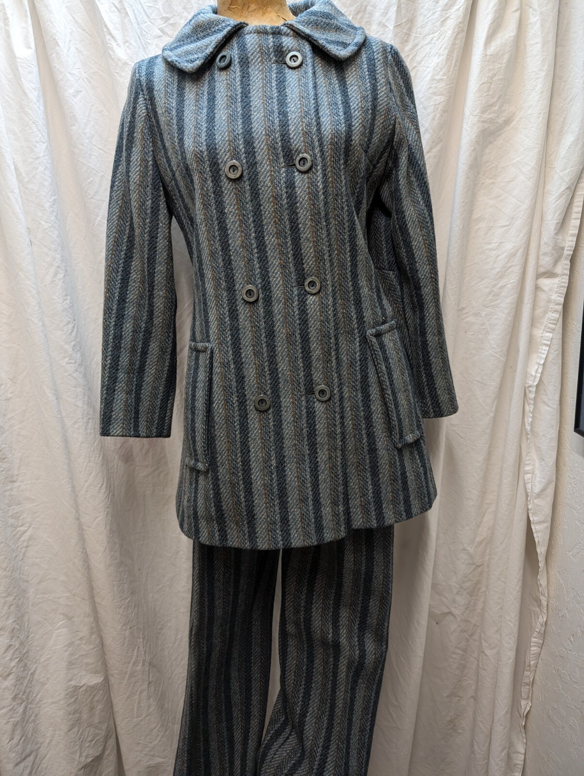 Vtg 60’s Blue Gray Brown Wool Very Groovy Pants & Coat Set Size Small