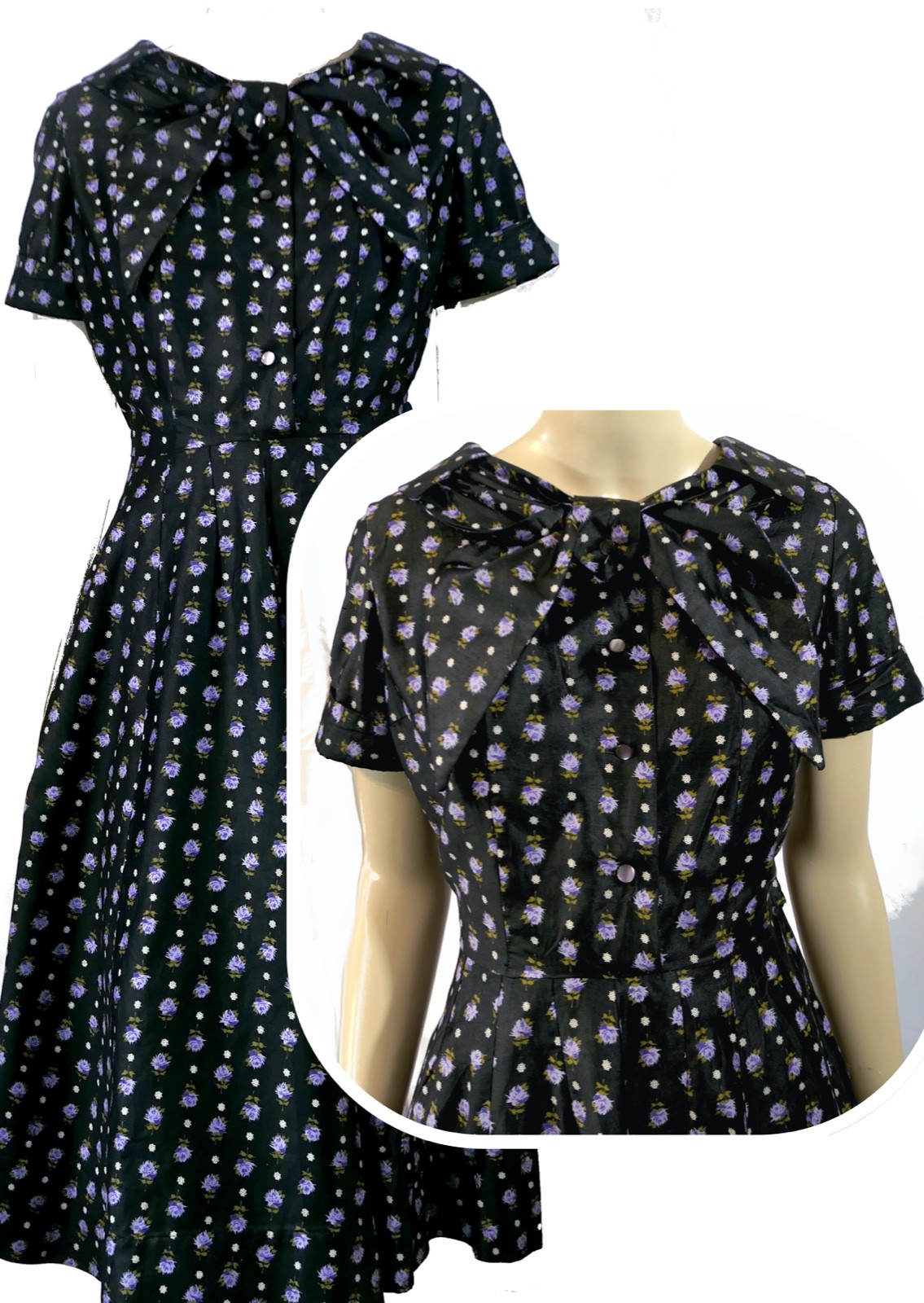 Vintage 50s Rockabilly Handmade Black Lavender Cotton Ascot Dress A Line Full M