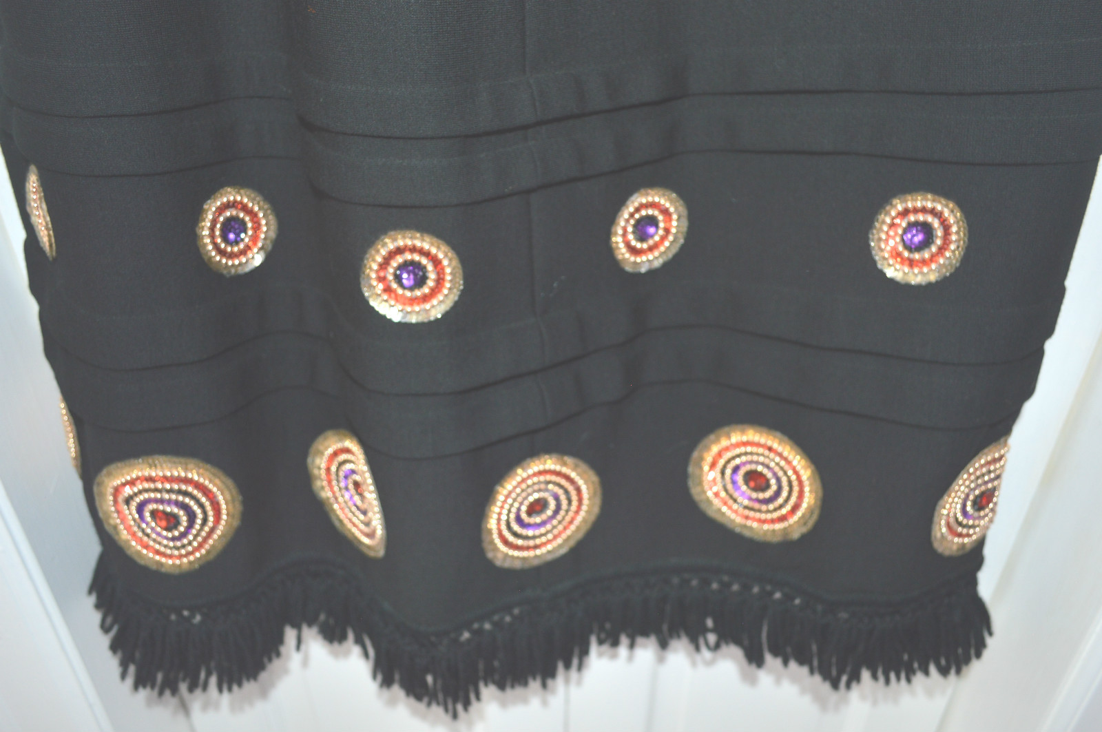 VINTAGE SKIRT LONG LENGTH BLACK FRINGE HEM SEQUIN ACCENTS 1970’s 28″ WAIST