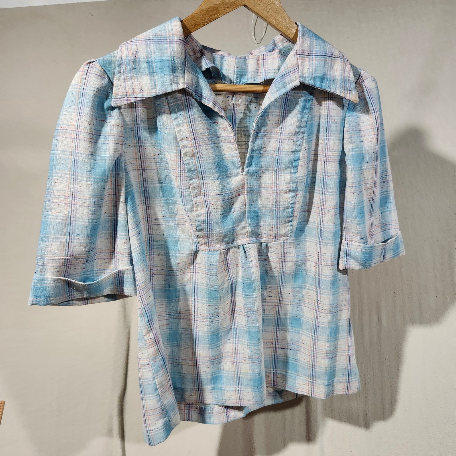 Handmade Vintage Blue Plaid Tunic Top Short Sleeve V-Neck Rainbow 70s Retro Boho