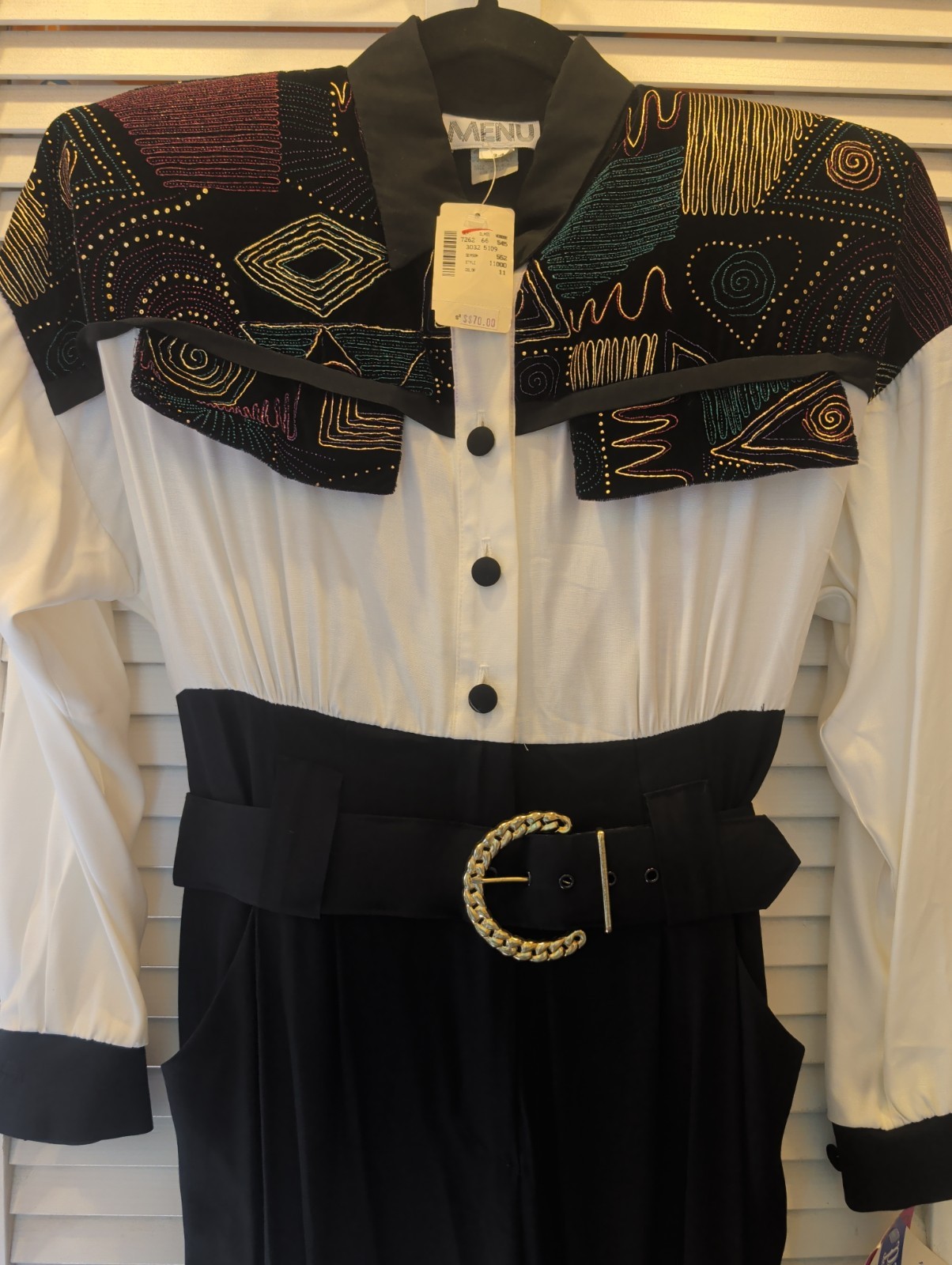Vintage 80’s Menu Jumpsuit Black Cream Graphic Paint Design NWT Sz 3/4. W1