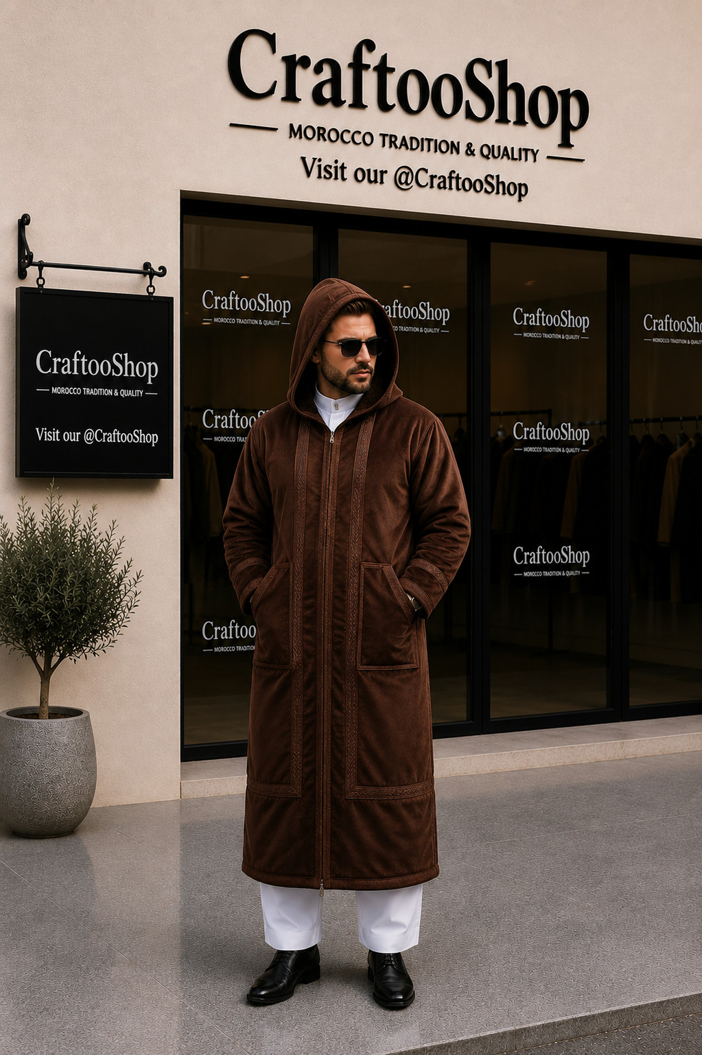 Winter Hoodie Farwa BROWN Coat Bisht , Unique Fur Morocco Arab Style Warm Jacket