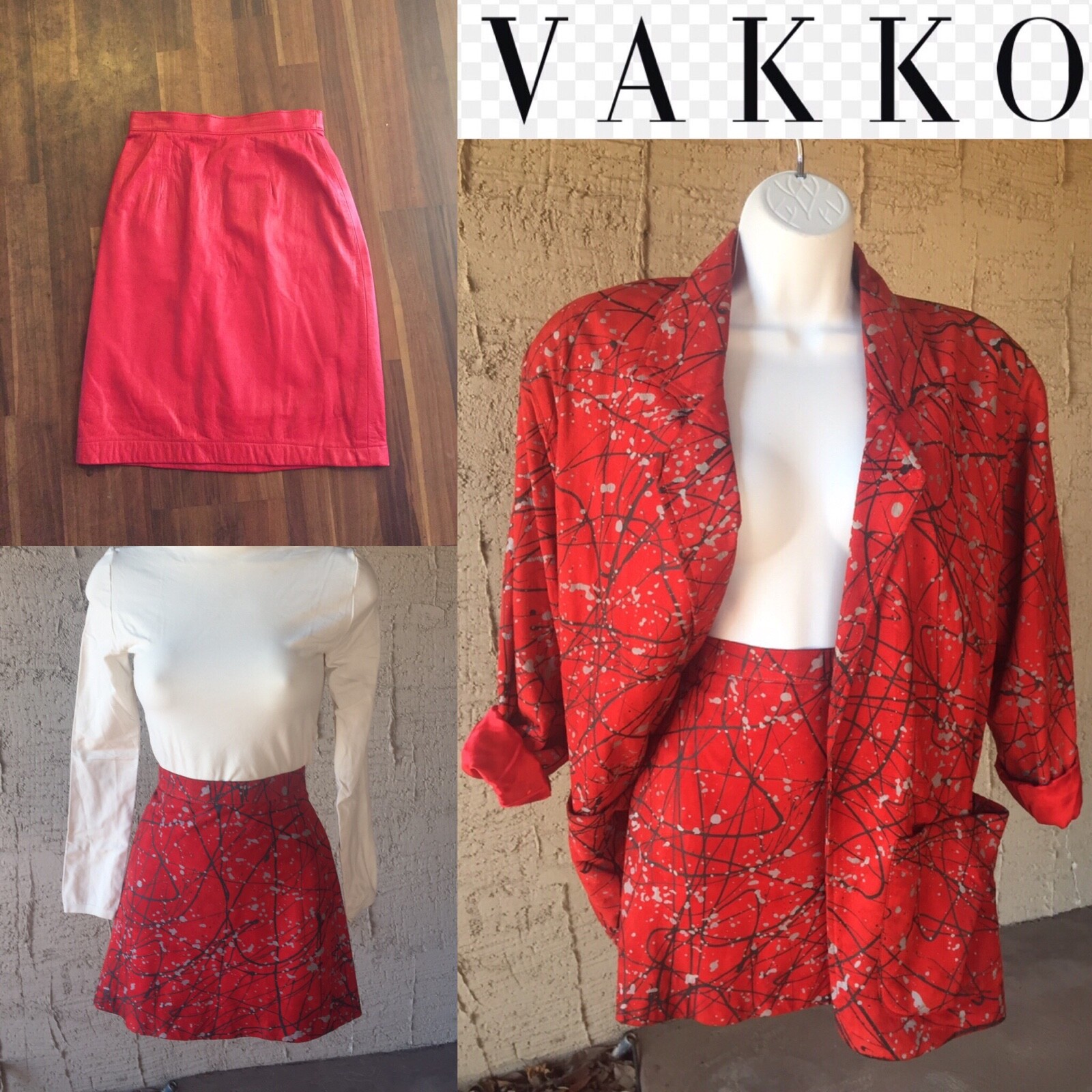 VAKKO 3pc. Lipstick Red Suede Coat w 2 Matching Skirts Ensemble