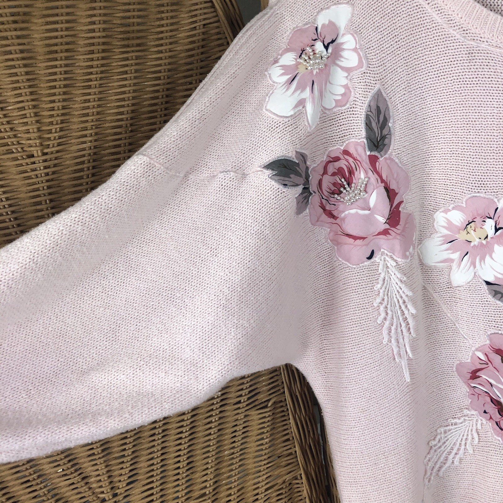 Vtg sweater womens Bonnie and Bill By Holly floral appliqué PS pink