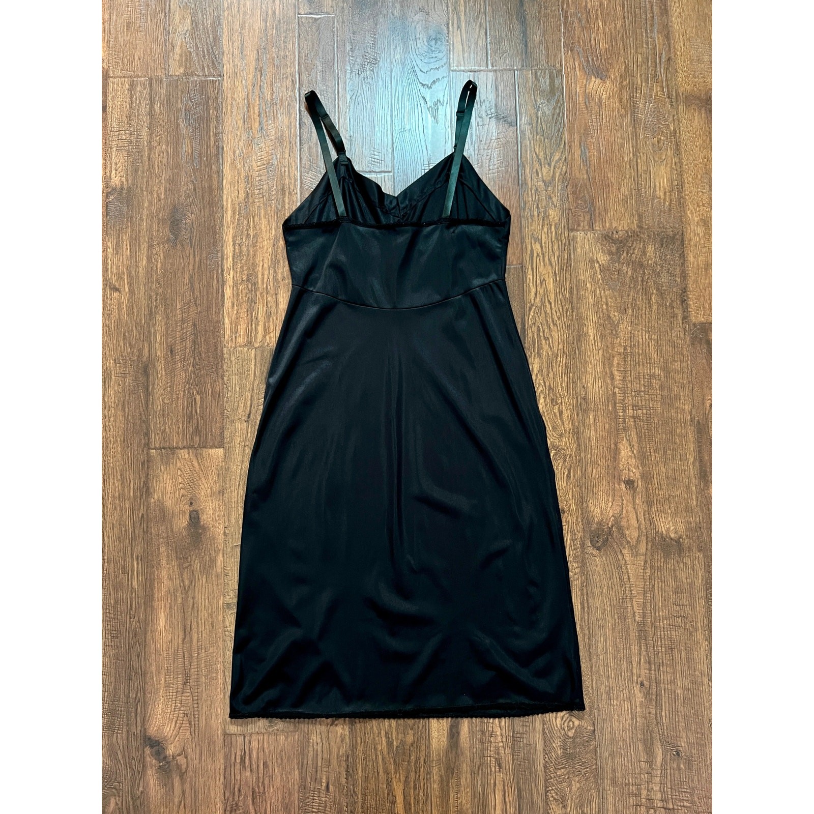 Vintage Nylon Spaghetti Strap Slip Dress Black with Scalloped Embroidery Mistra