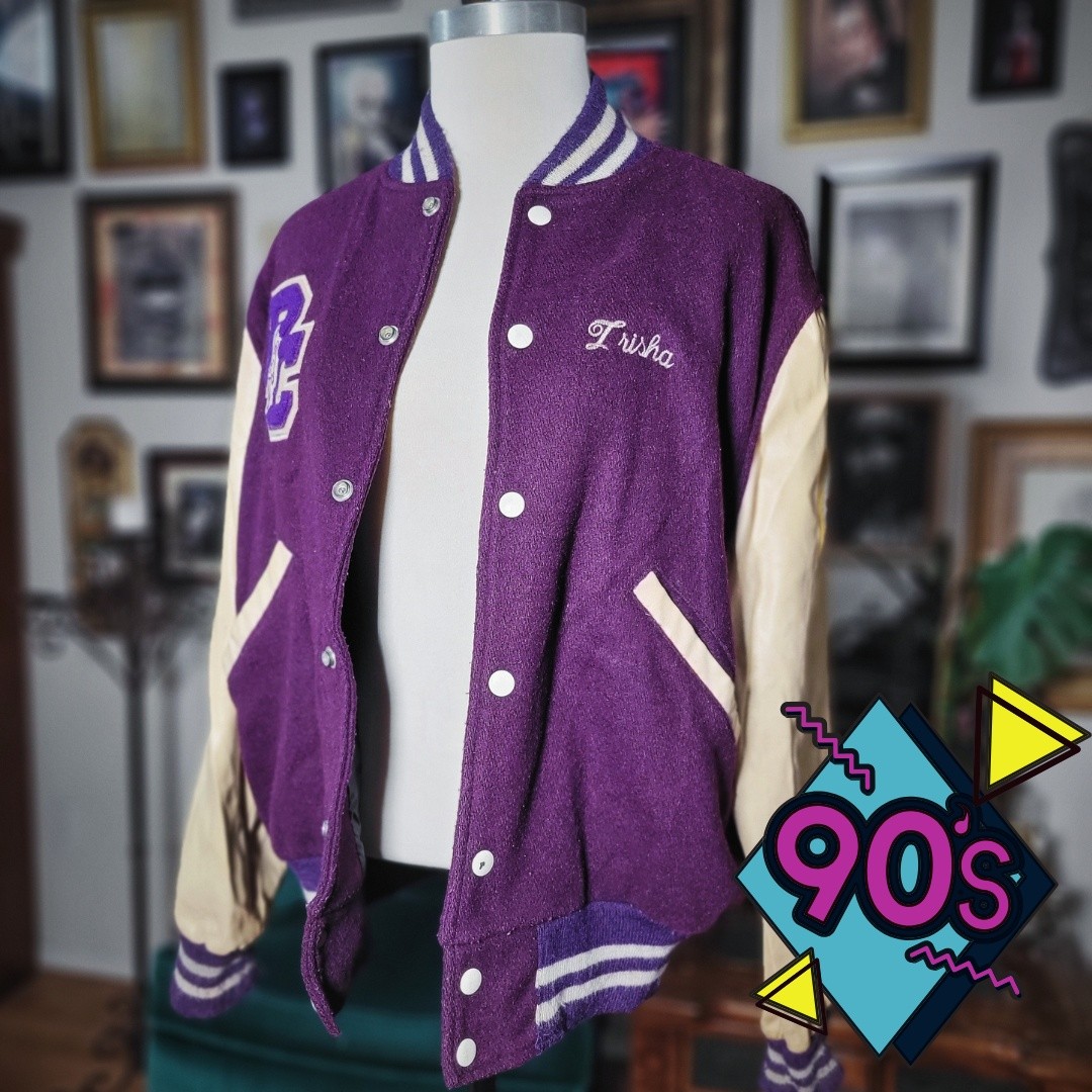 Vintage 90s Butwin Varsity Jacket Purple Leather Macy’s Parade Womens Large