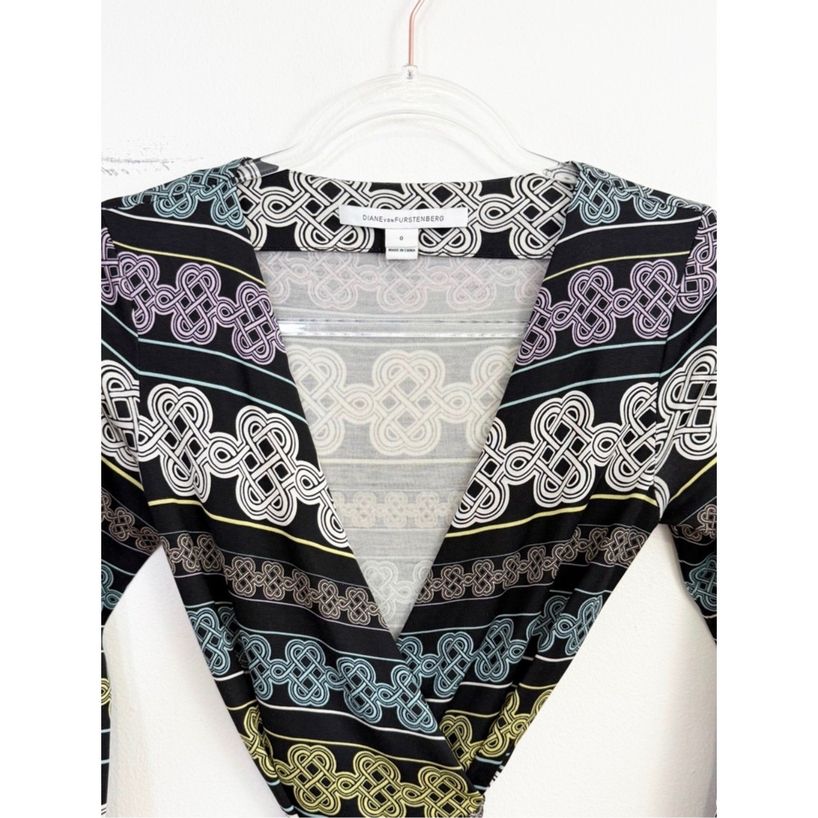 Diane Von Furstenberg DVF Silk Wrap Dress Knot Print Black Multi Size 0