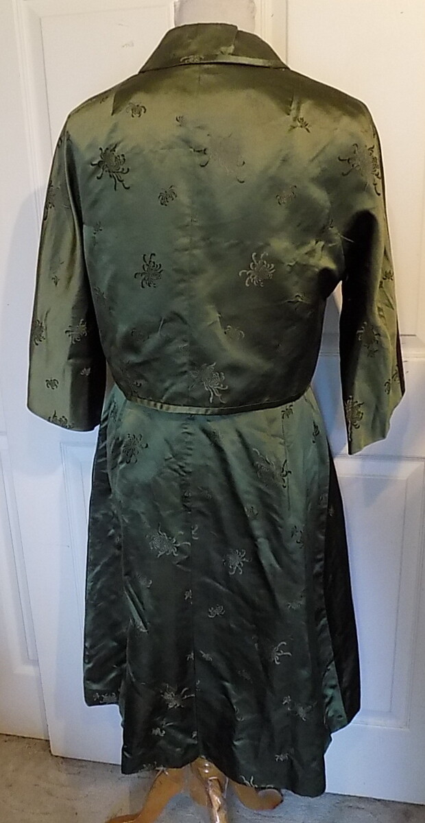 Vintage 60s Olive Green Satin Brocade Dress Jacket Set Hong Kong B40 ***