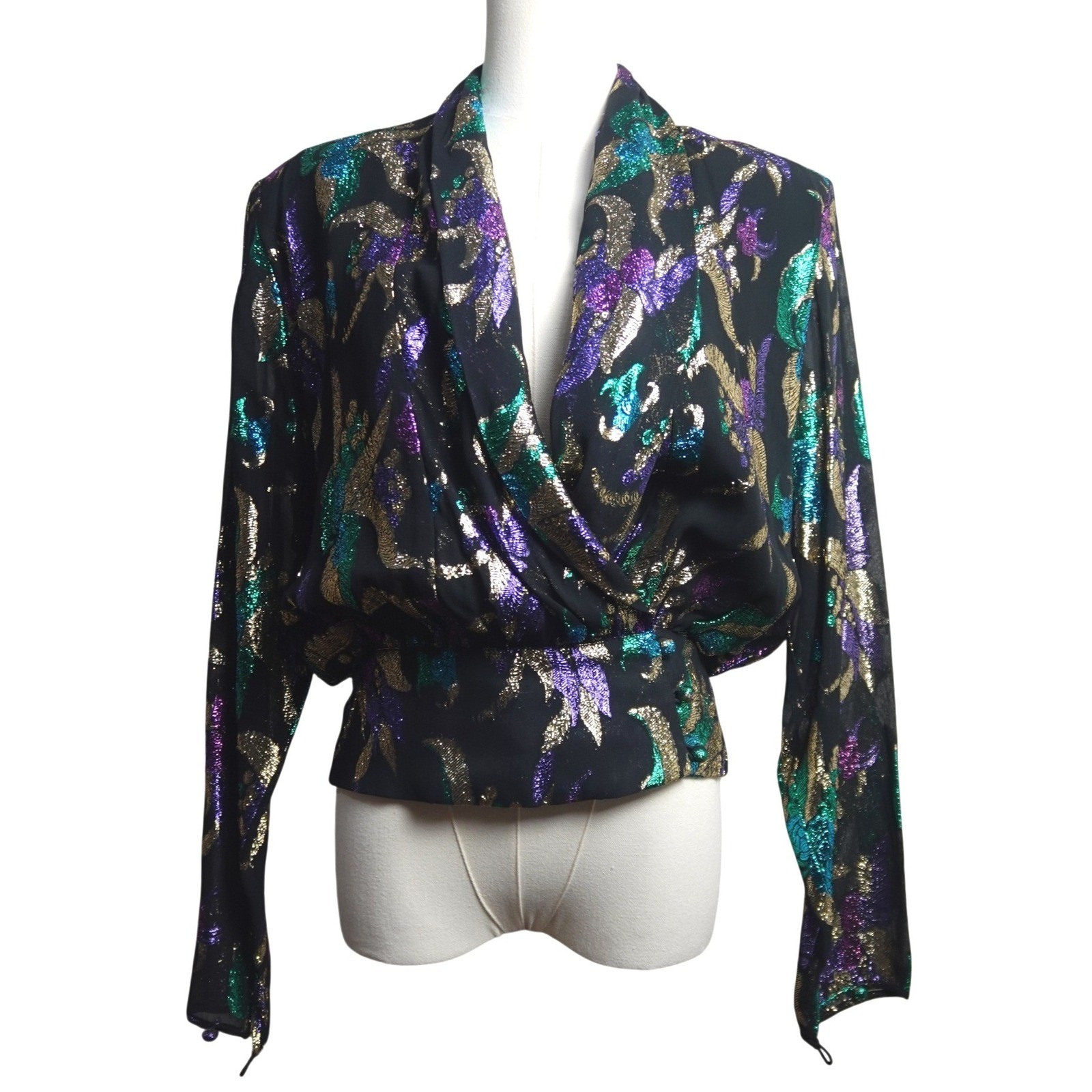 Vintage Anne Klein Black Metallic Abstract Blouse Purple Teal Gold Glam Top 80’s