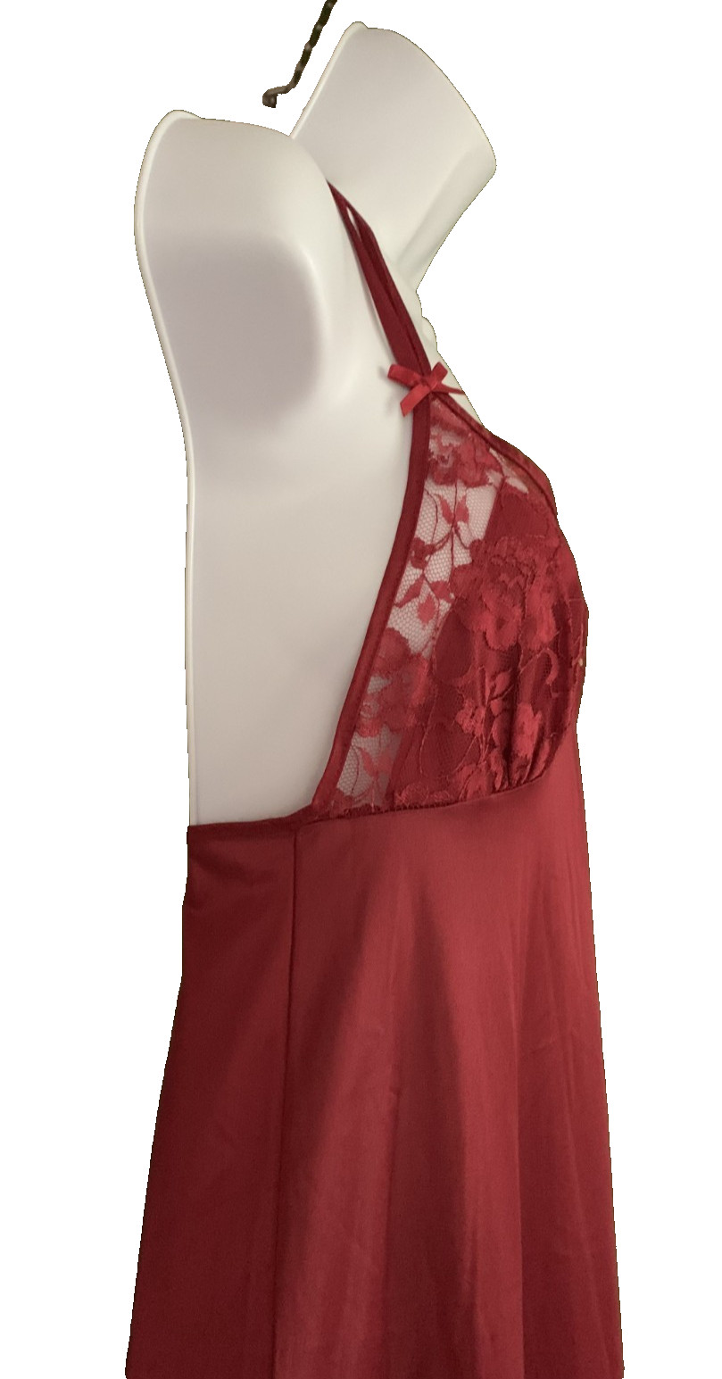 Vtg Nylon Lace Triple Strap Cross Back Maxi Nightgown Merlot Petra Fashions Sz S