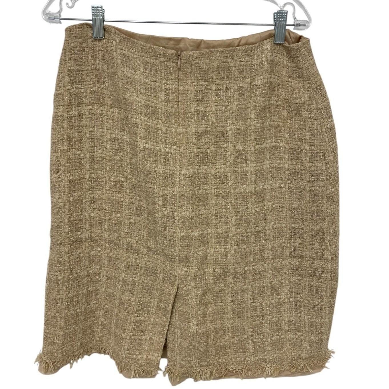 Vtg Tweed Skirt Fringe Hem CareerWear Neutral Professional 12 Teri Jon Sparkly