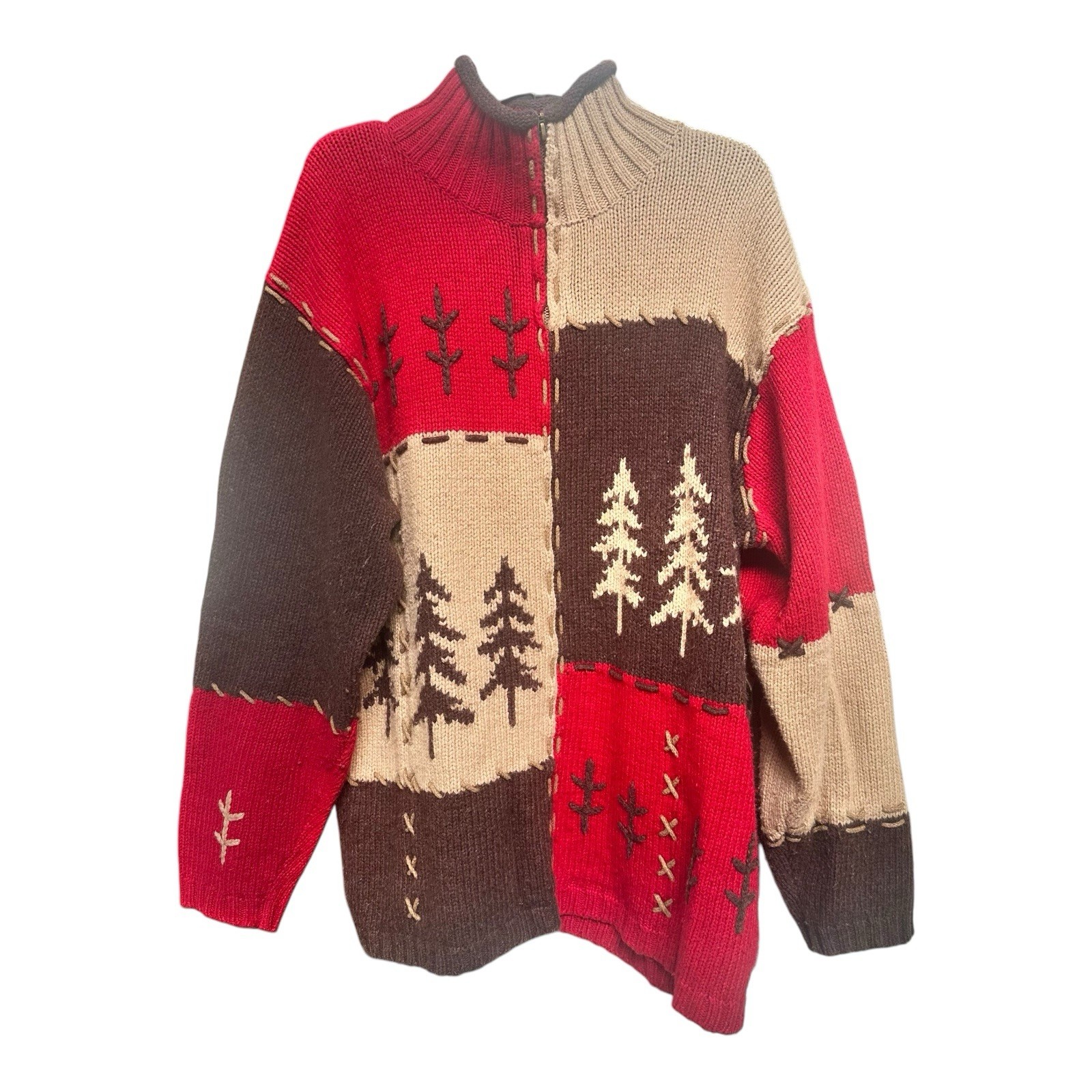 Vintage Mandal Bay Patchwork Sweater Trees Zip Up Ramie Wool Blend XL Grannycore