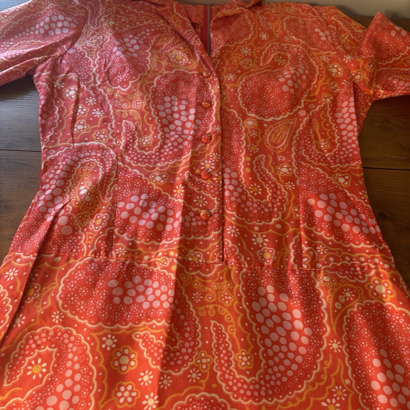 VTG 60s Mod Sheath Dress Orange Pink Psychedelic Paisley Silky Union Made S/6