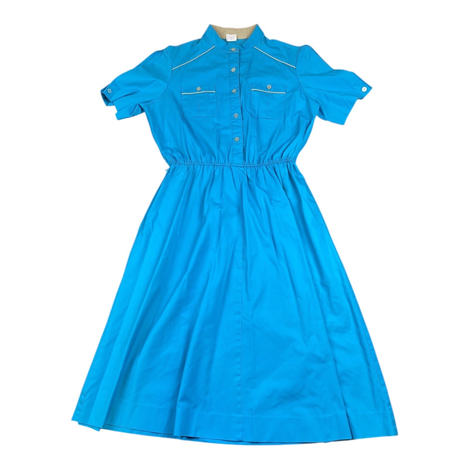 Vintage 1970’s Shirt Dress Sz 13/14 Blue Classic Cinched Waist Utility Pockets
