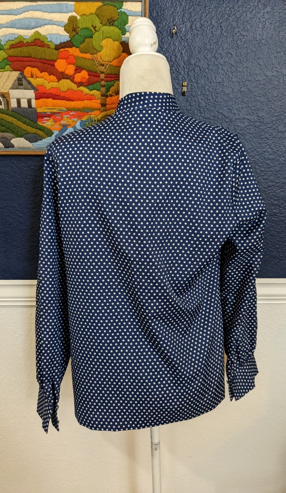 VTG 1970s Lee Mar Necktie Button Blouse Shirt Blue Polka Dot Sears Sz 14 Large L