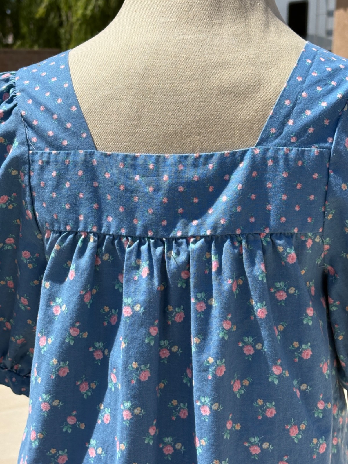 Vintage 80s Calico Babydoll Mini Dress XS/S Blue Cottagecore Prarie Western
