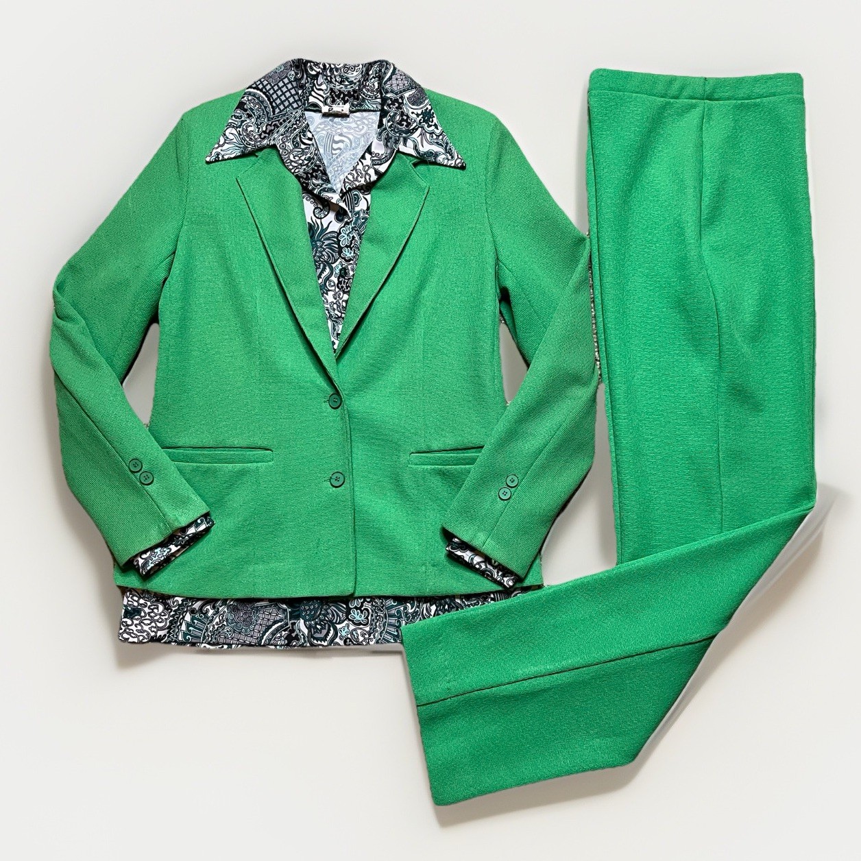Vintage 70s Pykettes 3 Piece Leisure Pant Suit Green Polyester Knit 8