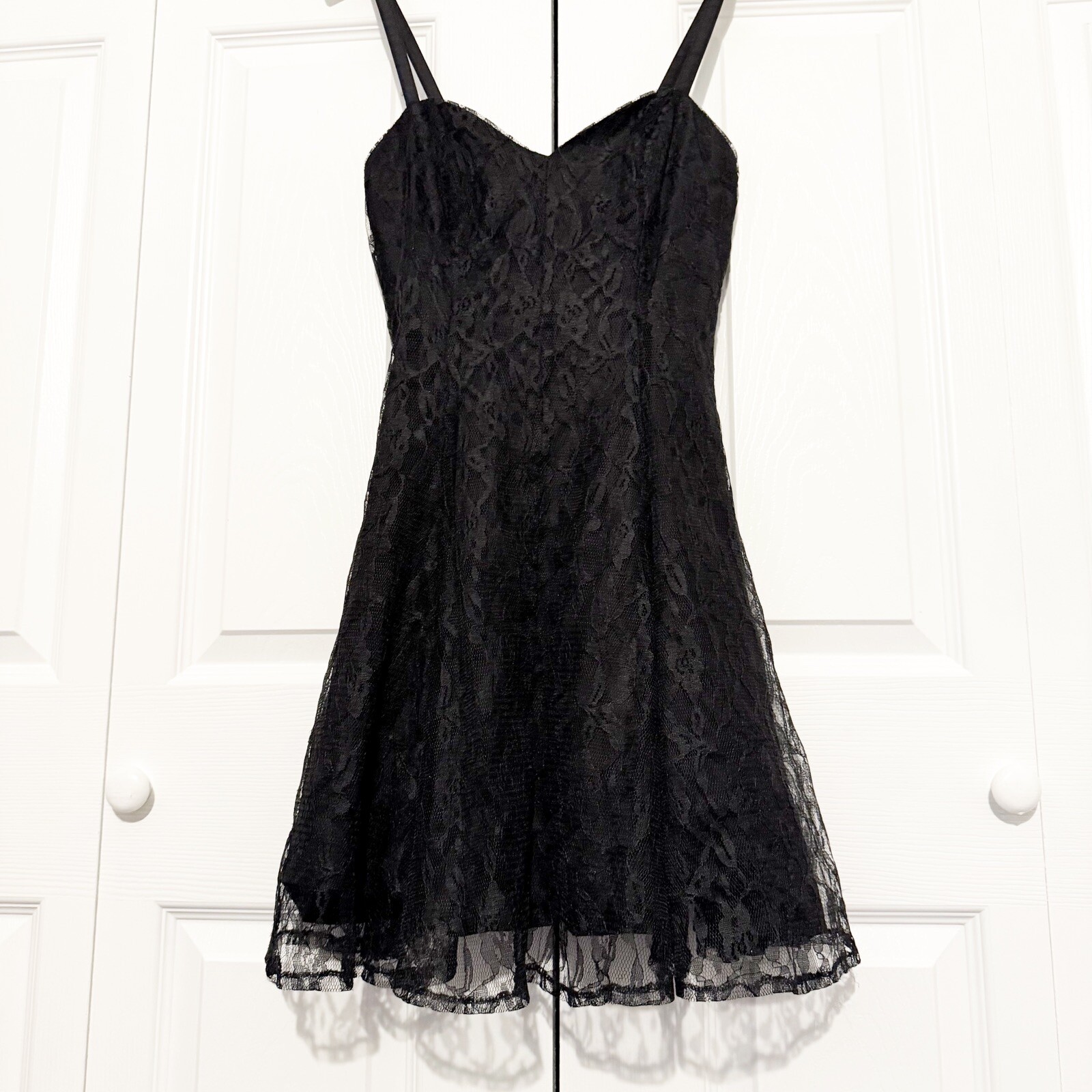 Vintage 80s Mayvens of CA Black Lace Mini Dress Size 3 Cocktail Goth Fit & Flare