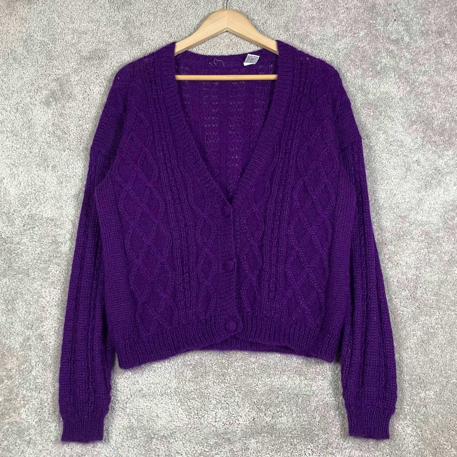 Vintage Purple 50% Mohair Blend Cable Knit Cardigan Sweater Womens Large Acrylic