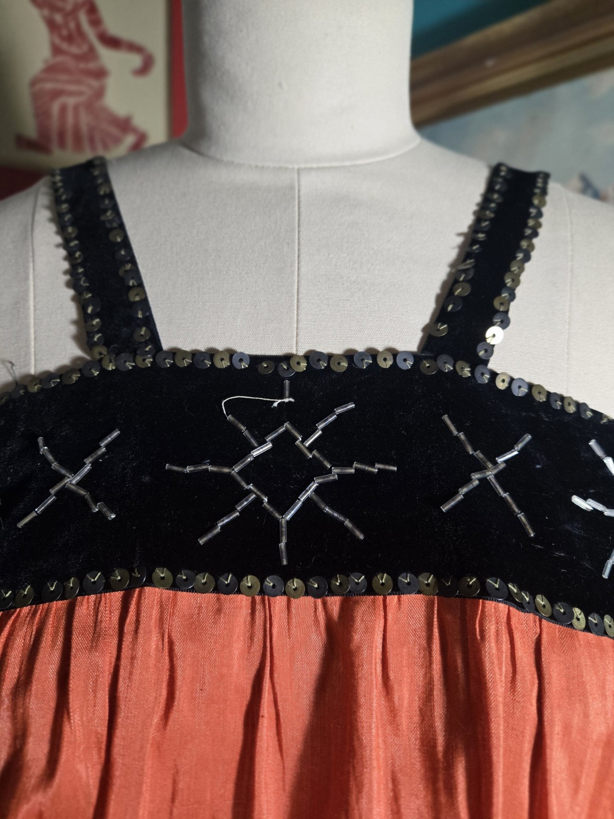 Vtg 1920s 1930s Orange Cotton/Silk Beach Pajamas Romper Velvet Sequin